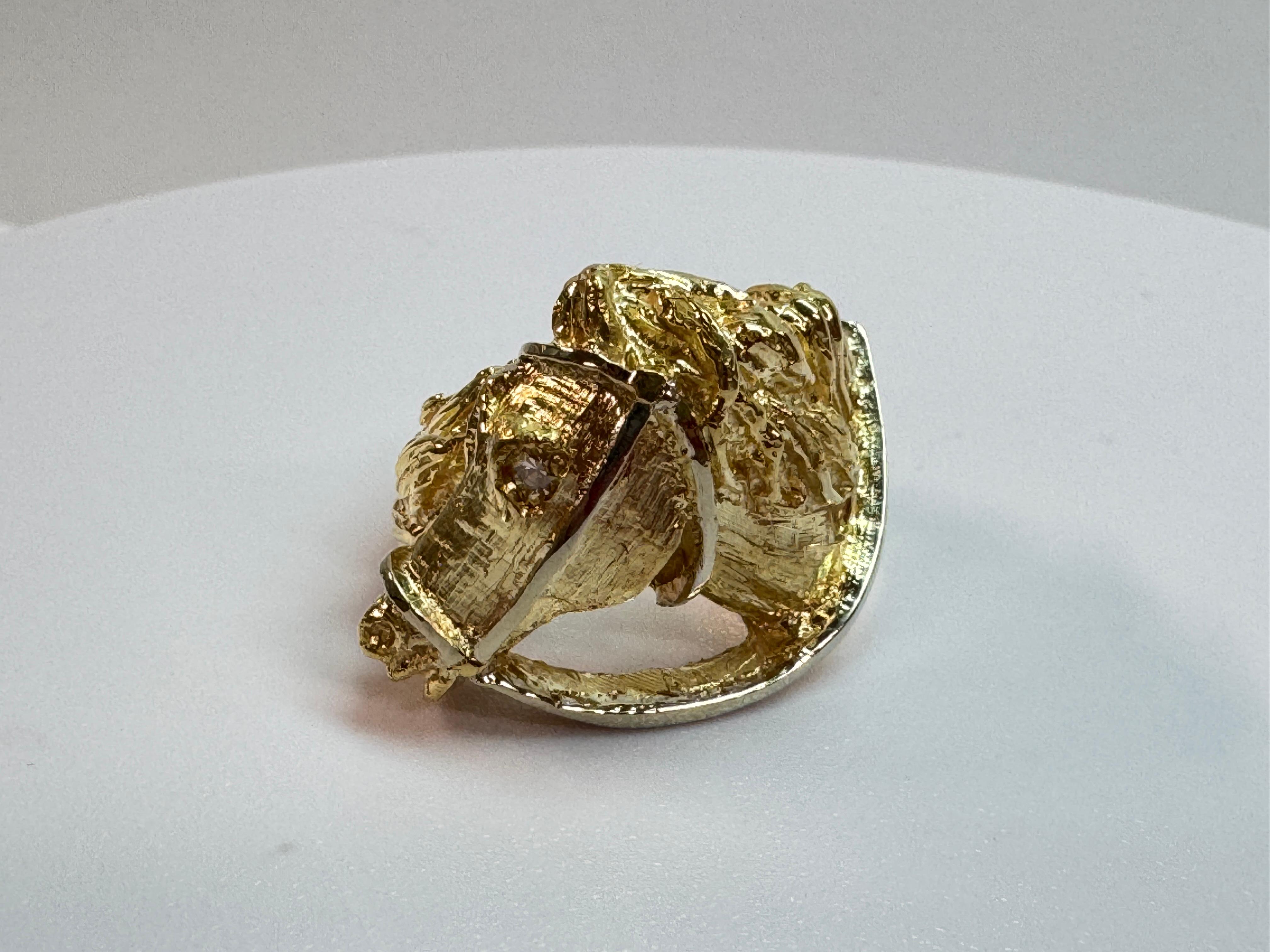 Round Cut 18 Karat Hand Carved Gold Horse Head Ring For Sale