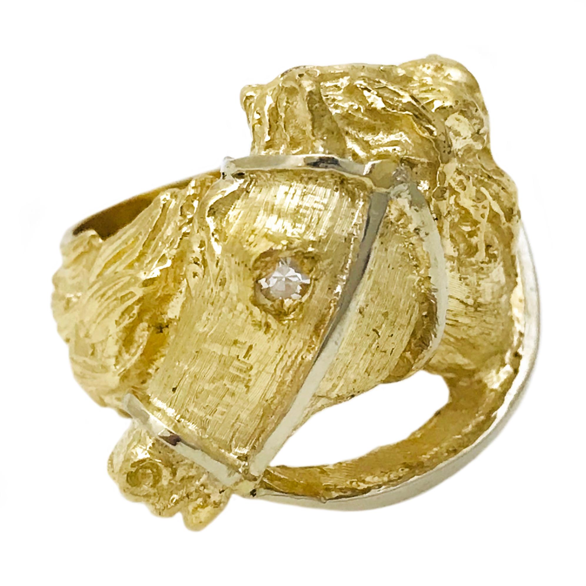 18 Karat Hand Carved Gold Horse Head Ring For Sale