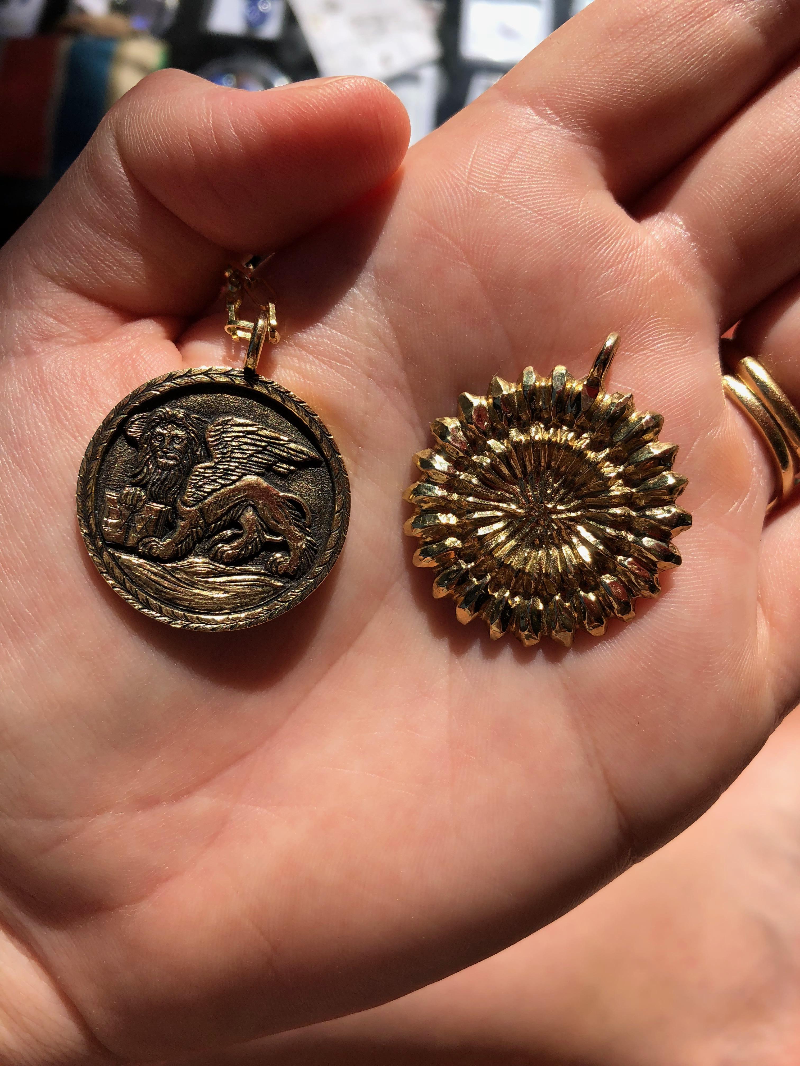 Round Cut 18 Karat Hand Carved Gold Medallion Pendant Necklace For Sale