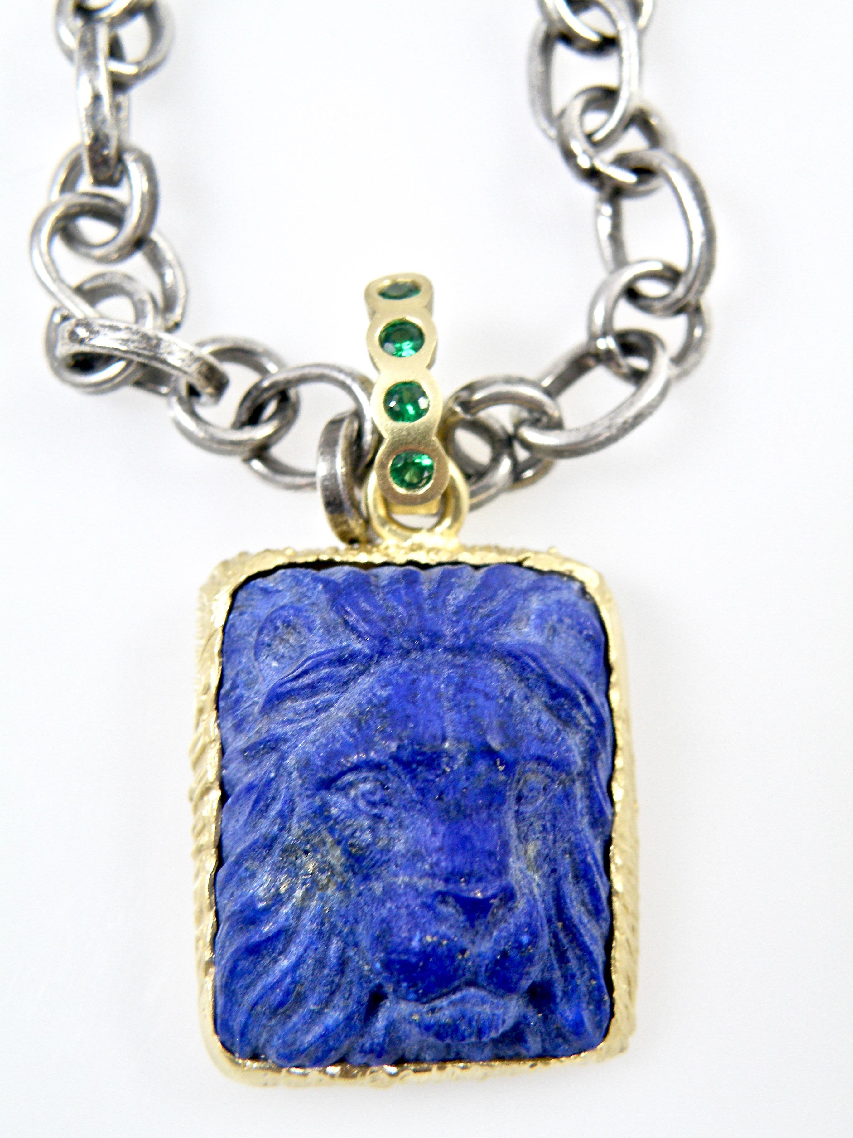 Modern 18 Karat Hand Carved Lapis Lazuli Carved Lionshead Pendant