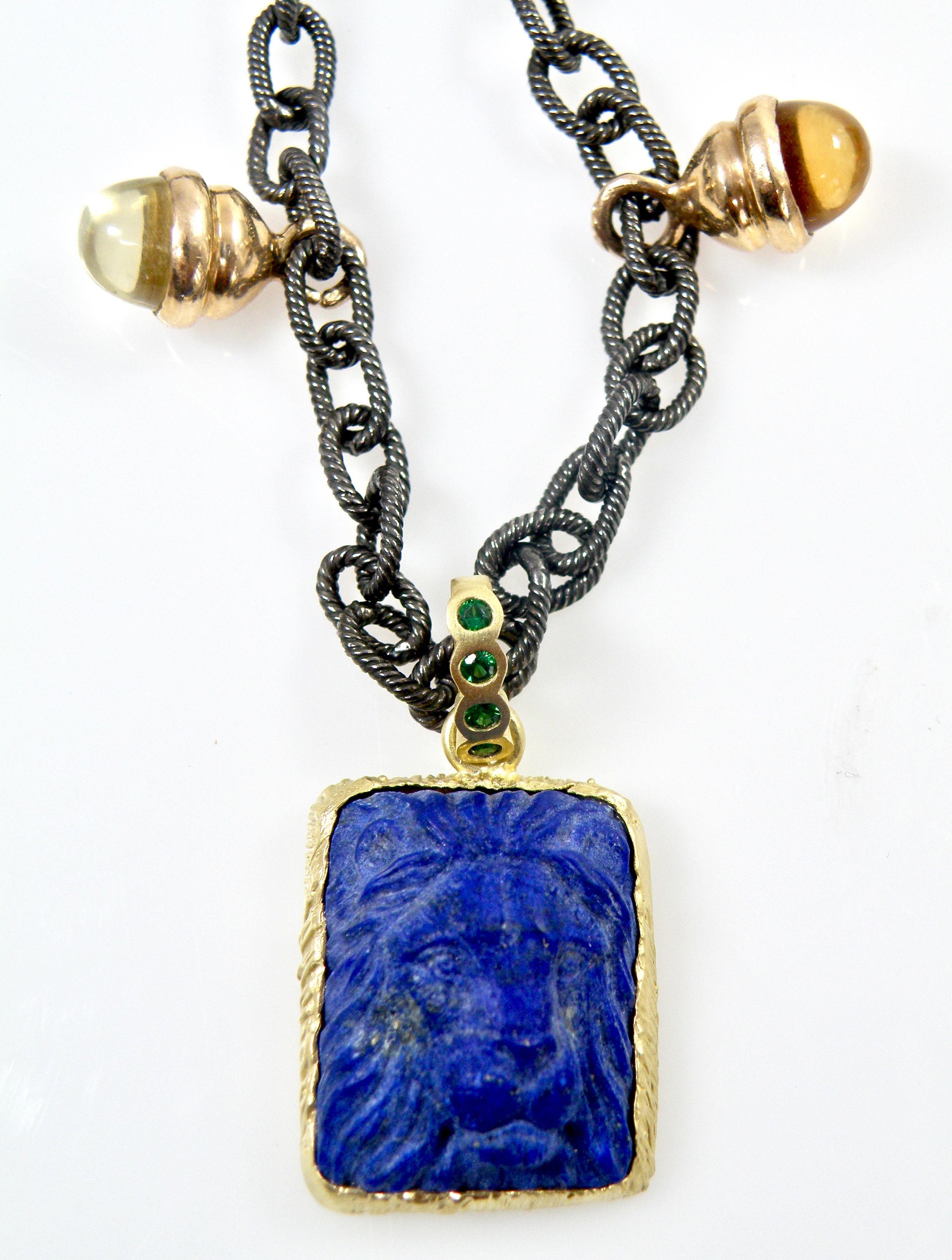 18 Karat Hand Carved Lapis Lazuli Carved Lionshead Pendant In New Condition In Cohasset, MA