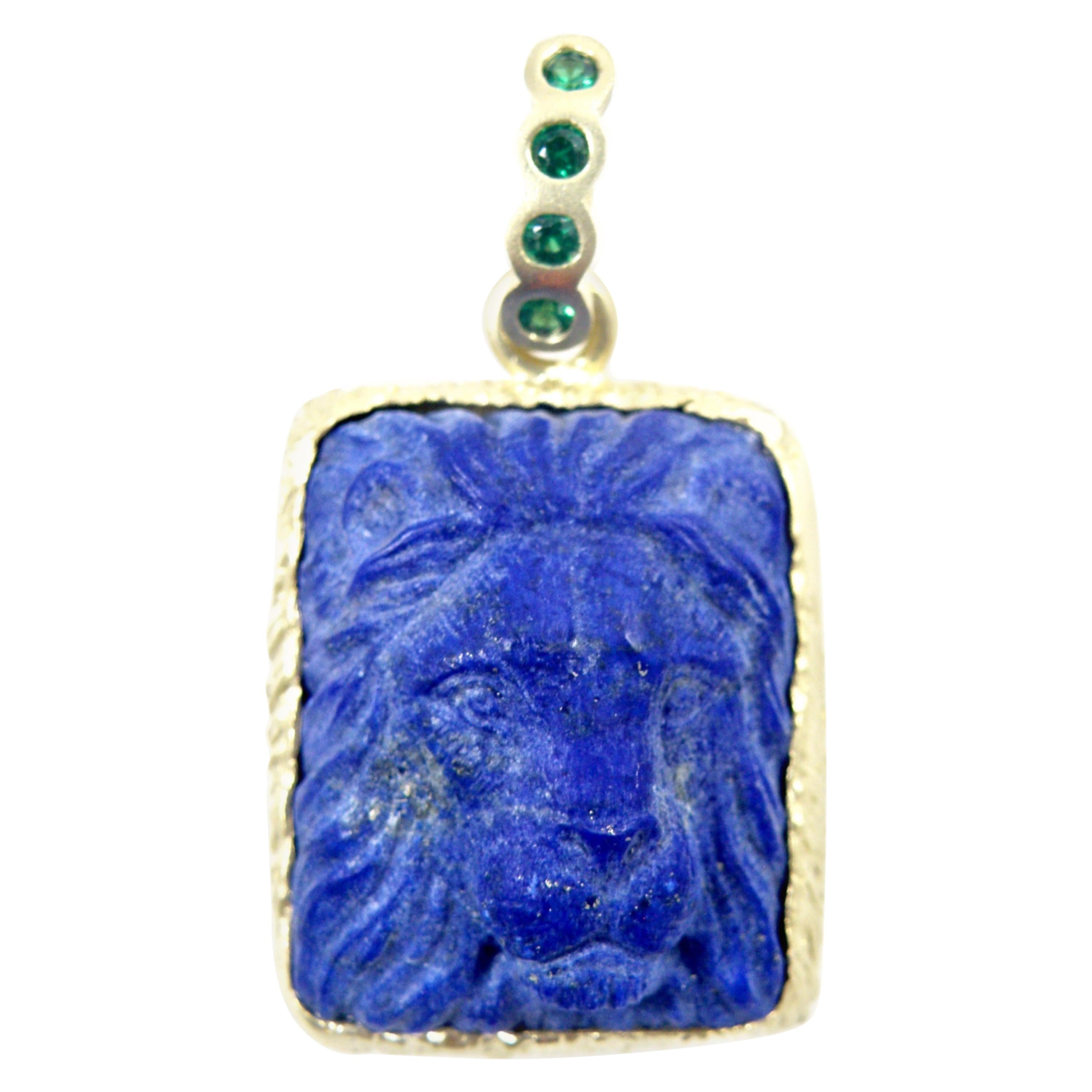 18 Karat Hand Carved Lapis Lazuli Carved Lionshead Pendant