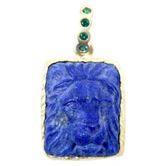 18 Karat Hand Carved Lapis Lazuli Carved Lionshead Pendant