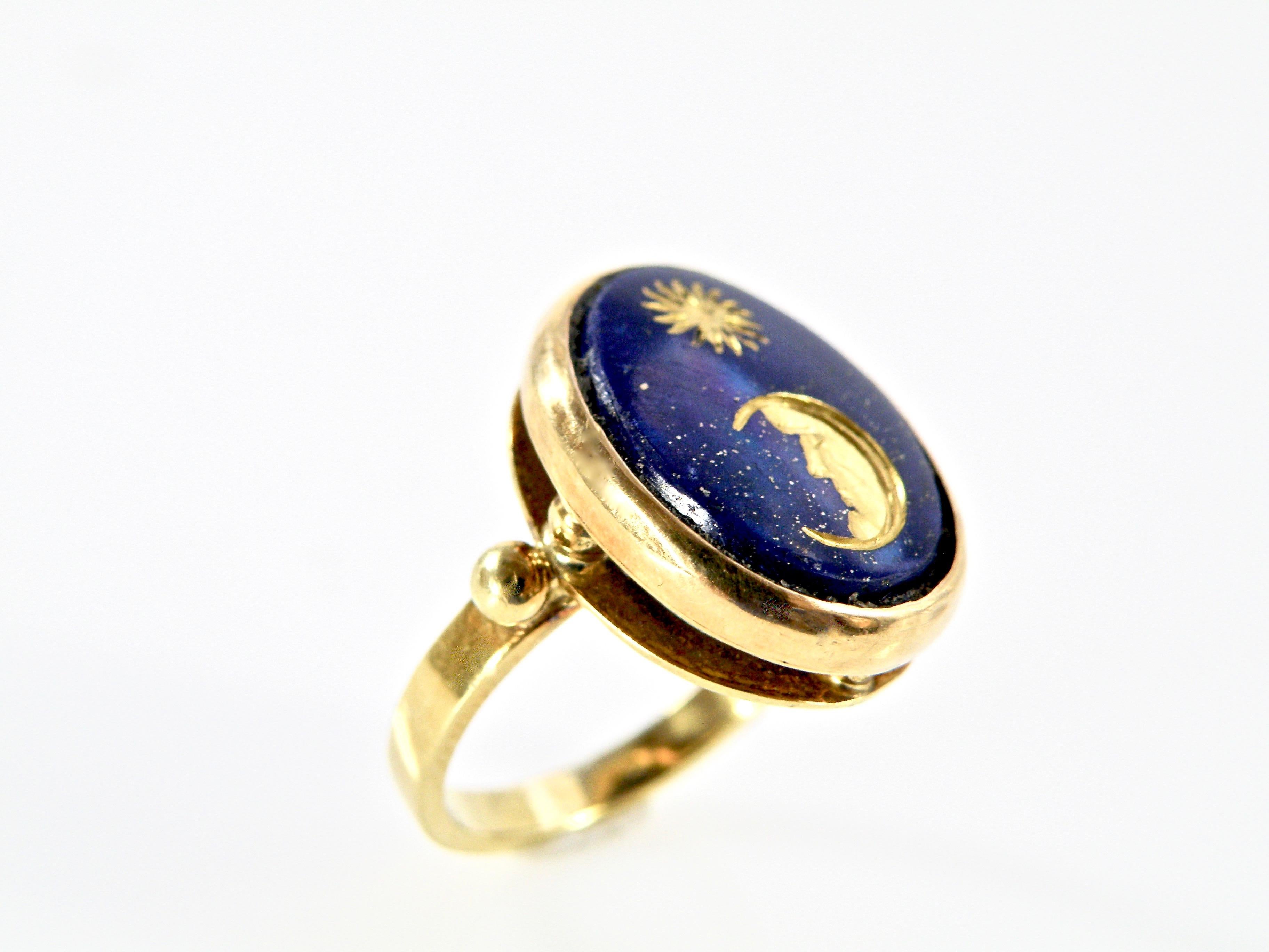 18 Karat Hand Carved Moon and Star Gold Ring by Idar Oberstein Carver