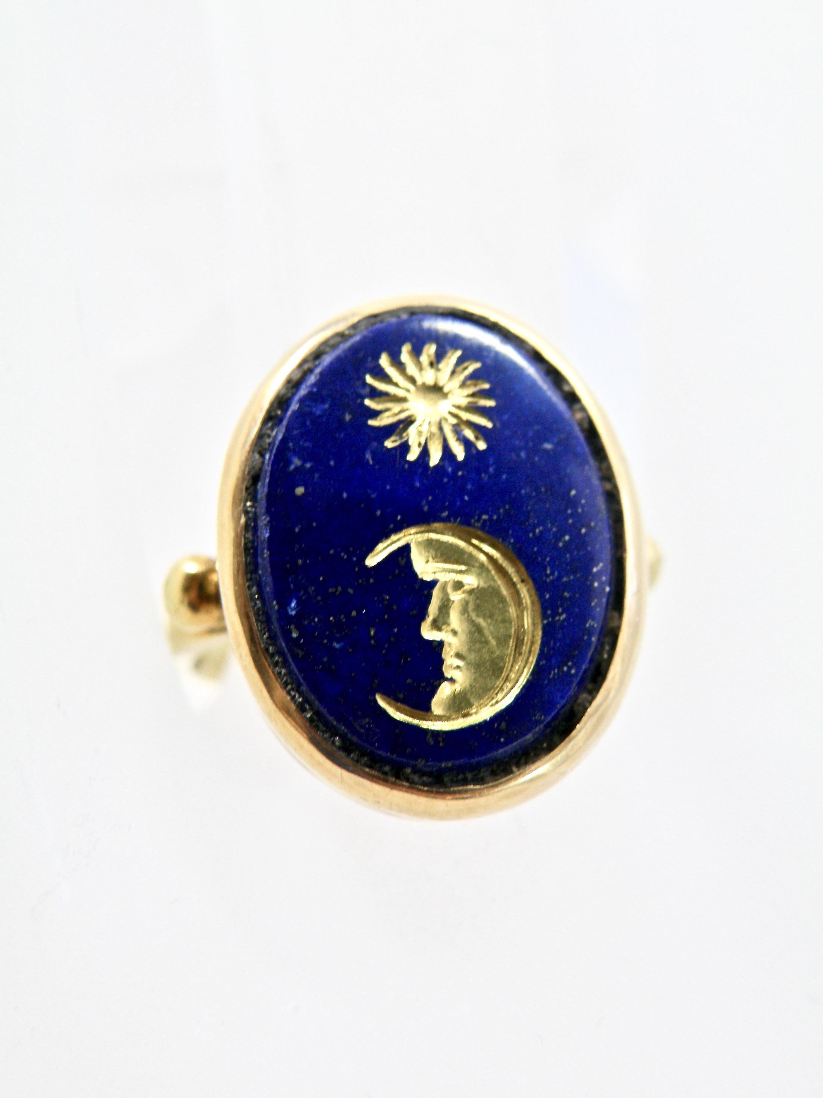 Modern 18 Karat Hand Carved Lapis Lazuli Moon and Star Gold Ring