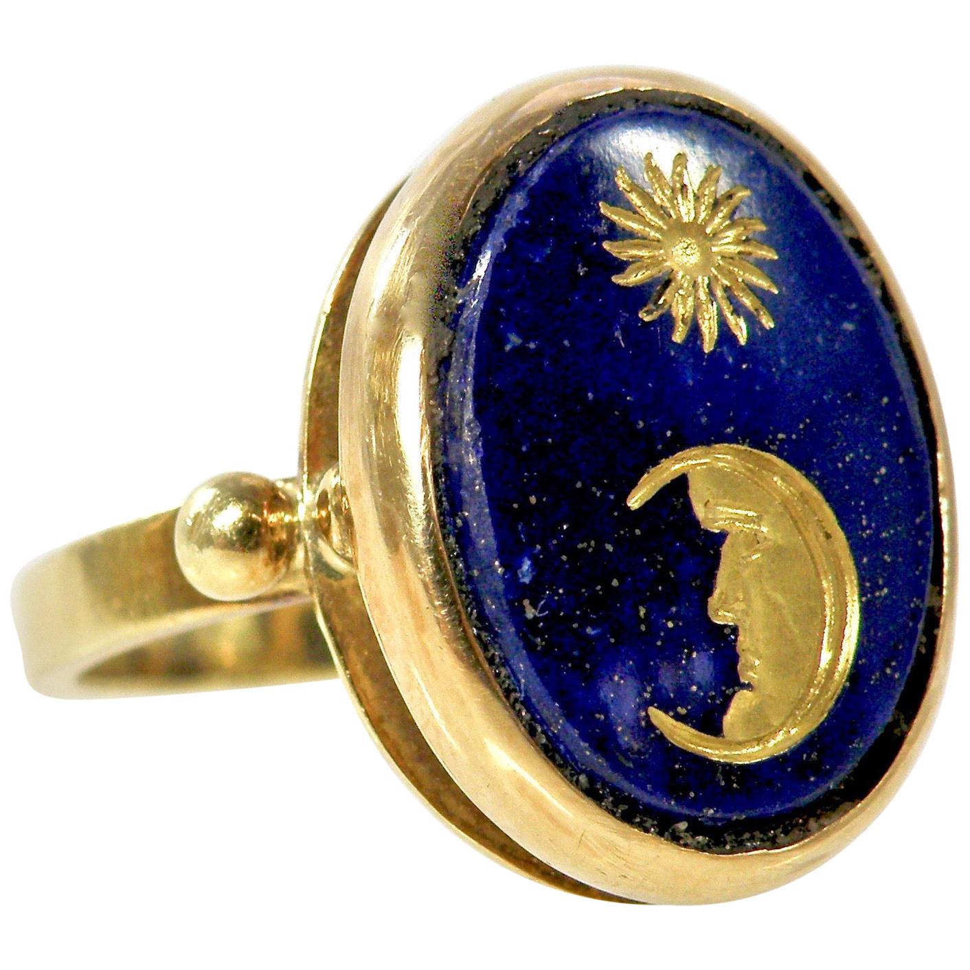 18 Karat Hand Carved Lapis Lazuli Moon and Star Gold Ring