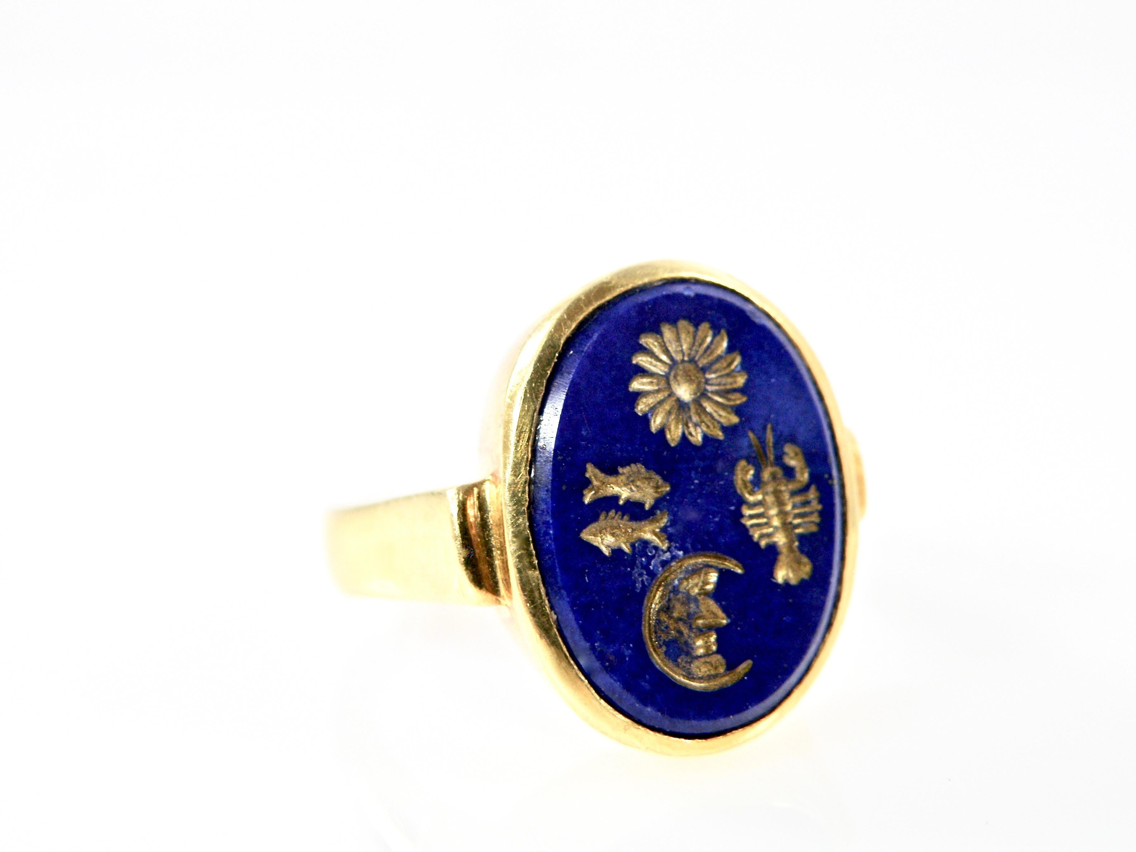 18 Karat Lapis Lazuli Handcarved Ring with inlaid Zodiac Symbols 