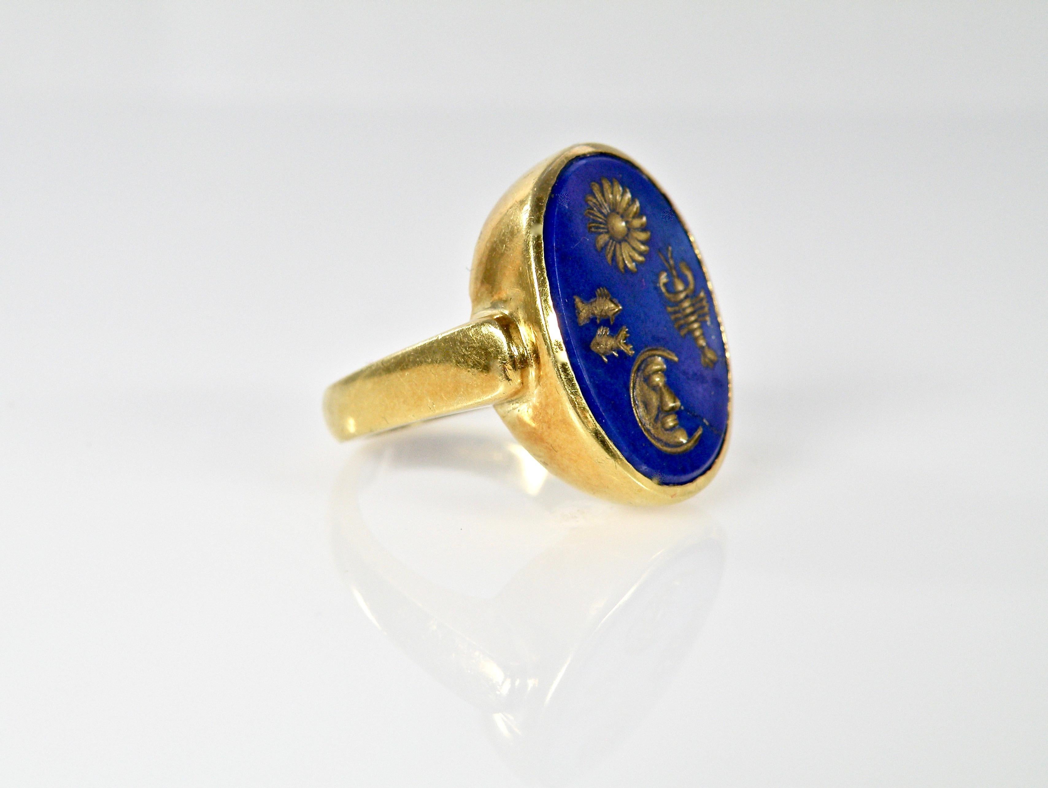 Modern 18 Karat Hand Carved Lapis Lazuli Ring For Sale