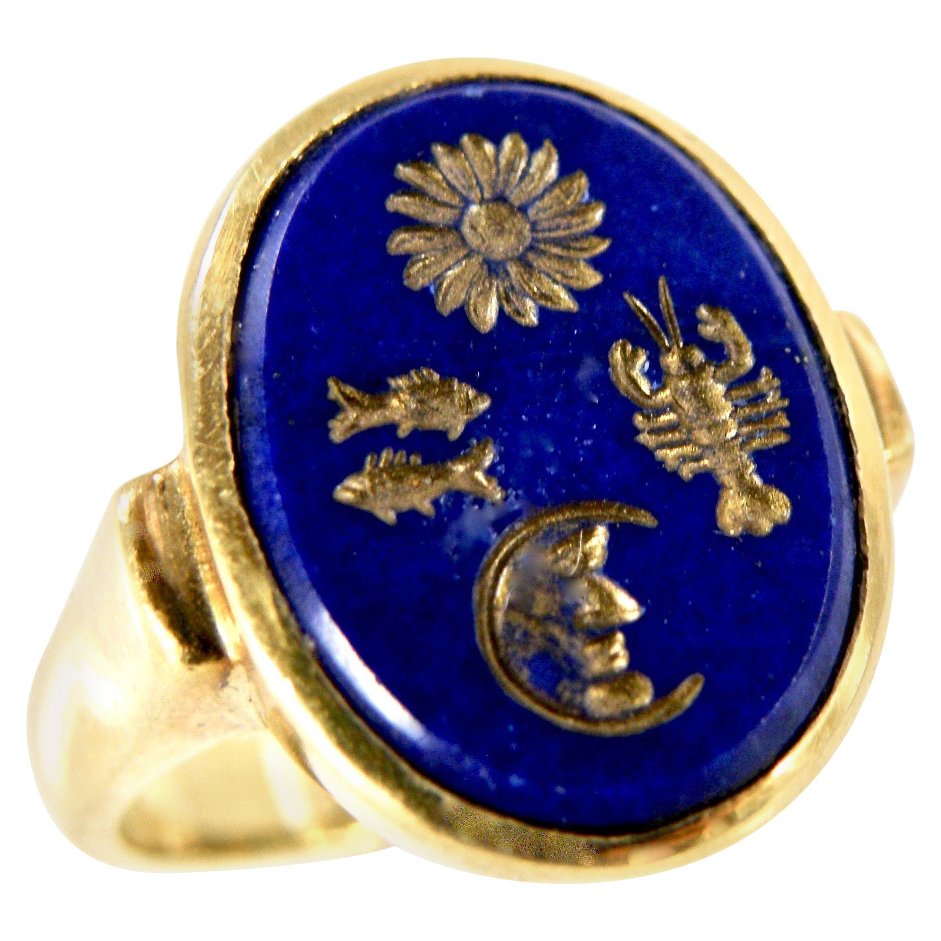 18 Karat Hand Carved Lapis Lazuli Ring For Sale
