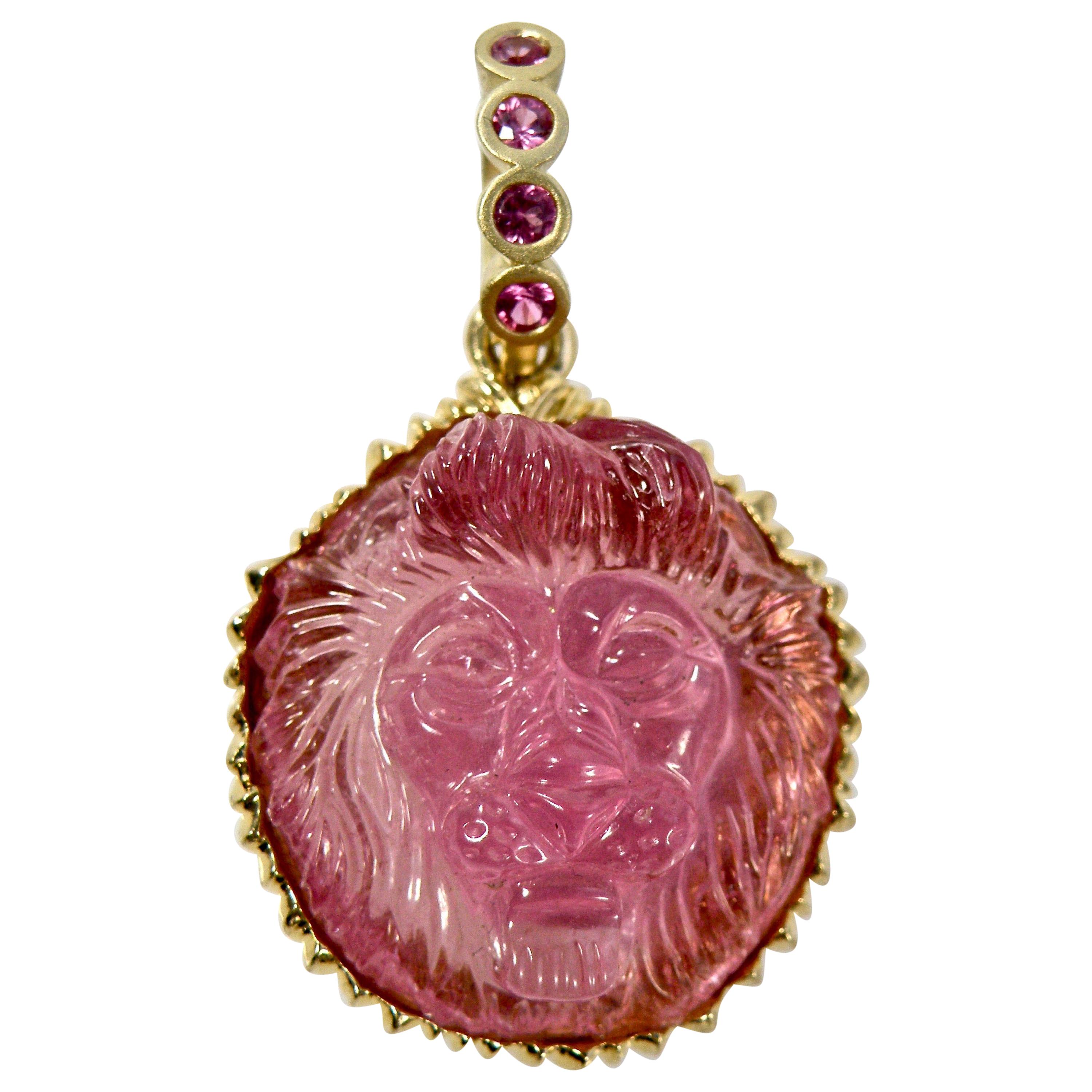 18 Karat Hand Carved Pink Tourmaline Lionshead with Pink Sapphire Bail For Sale