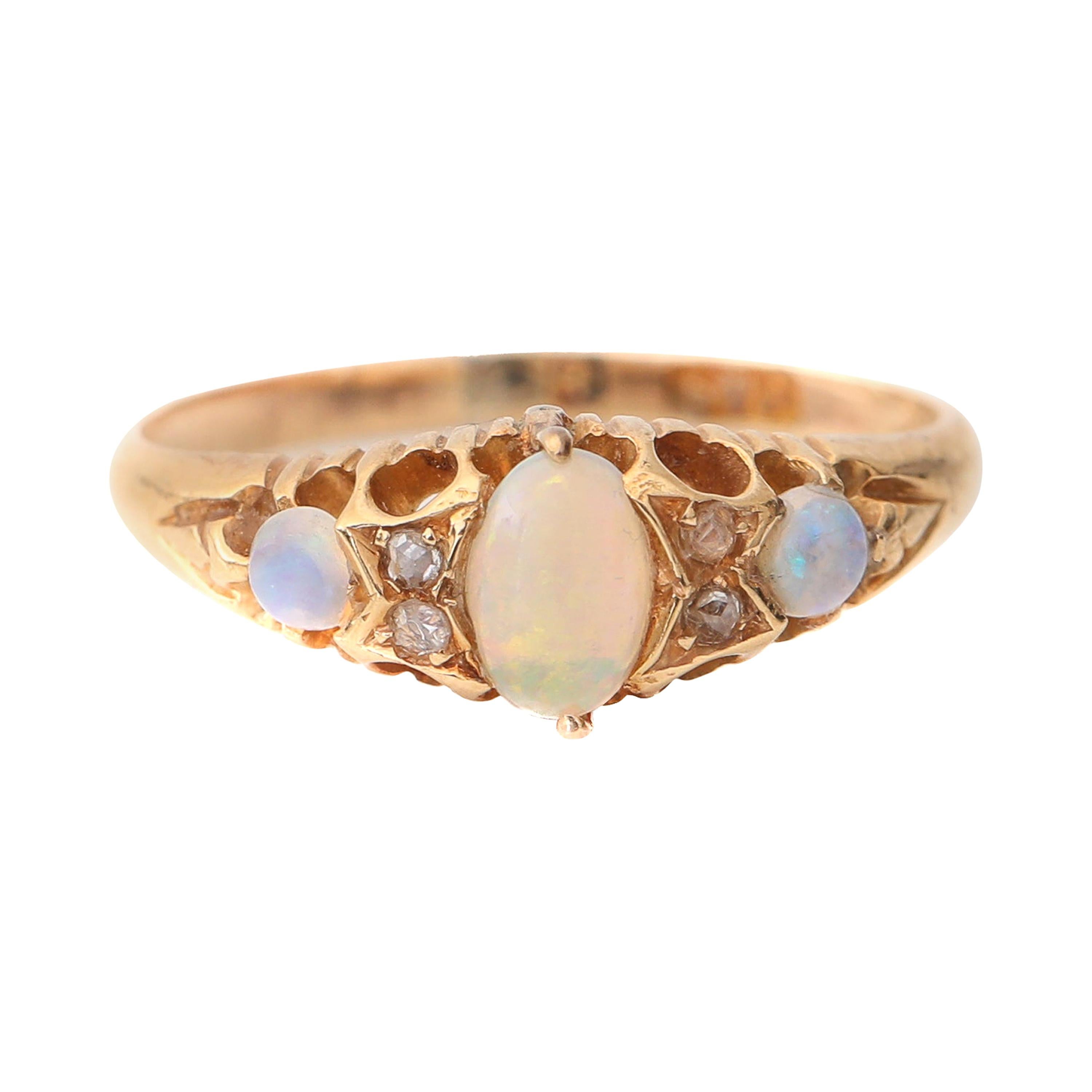 Victorian Rose Gold Opal Ring with Rose Cut Diamond Accents, Etched ...