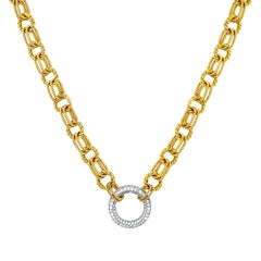 18 Karat Handmade Link Necklace with Diamond Set Circle