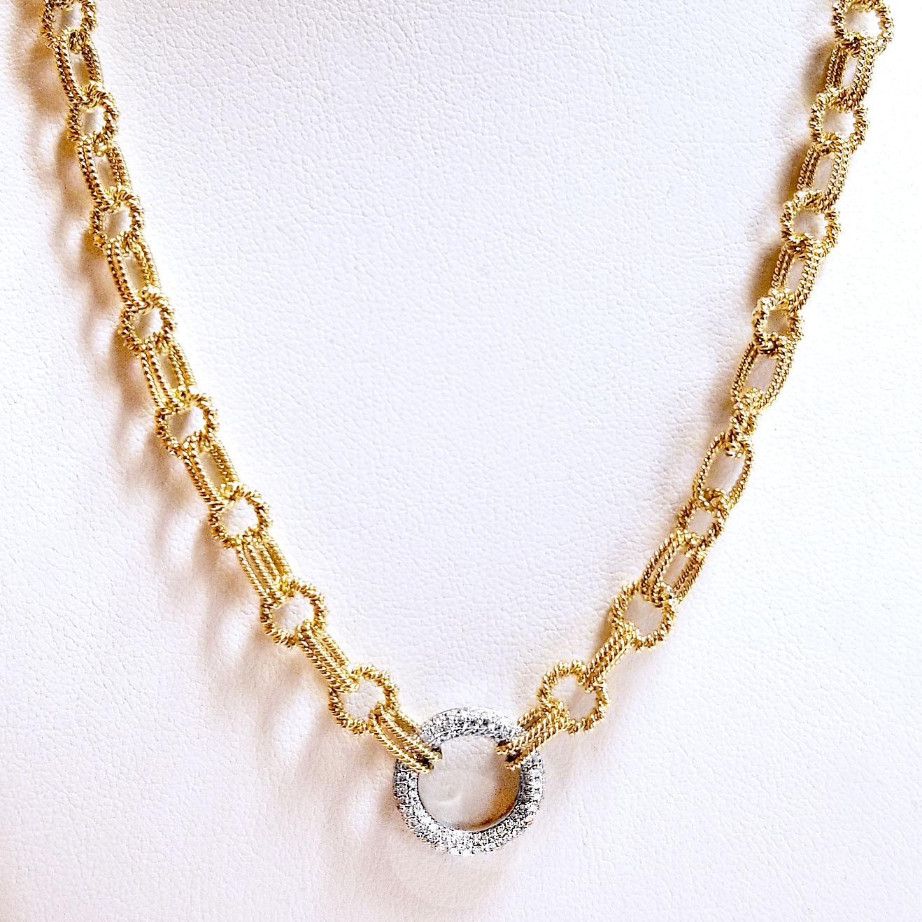 Artisan 18 Karat Handmade Link Necklace with Diamond Set Circle For Sale