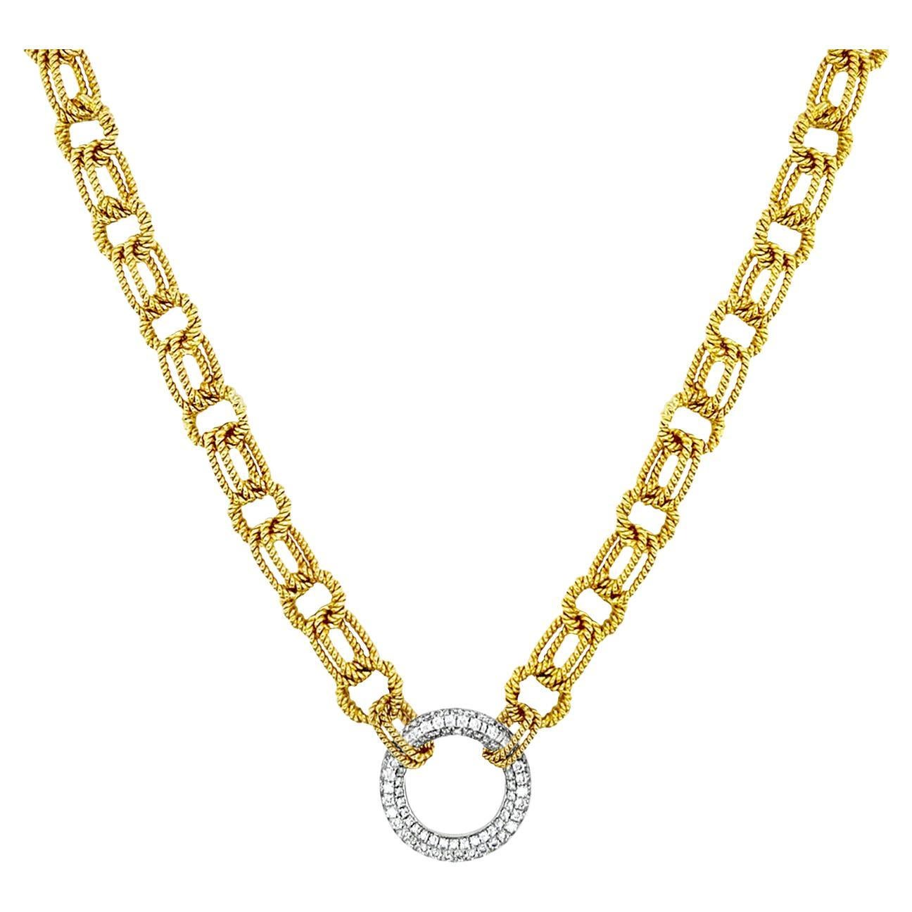 18 Karat Handmade Link Necklace with Diamond Set Circle