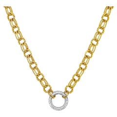 18 Karat Handmade Link Necklace with Diamond Set Circle