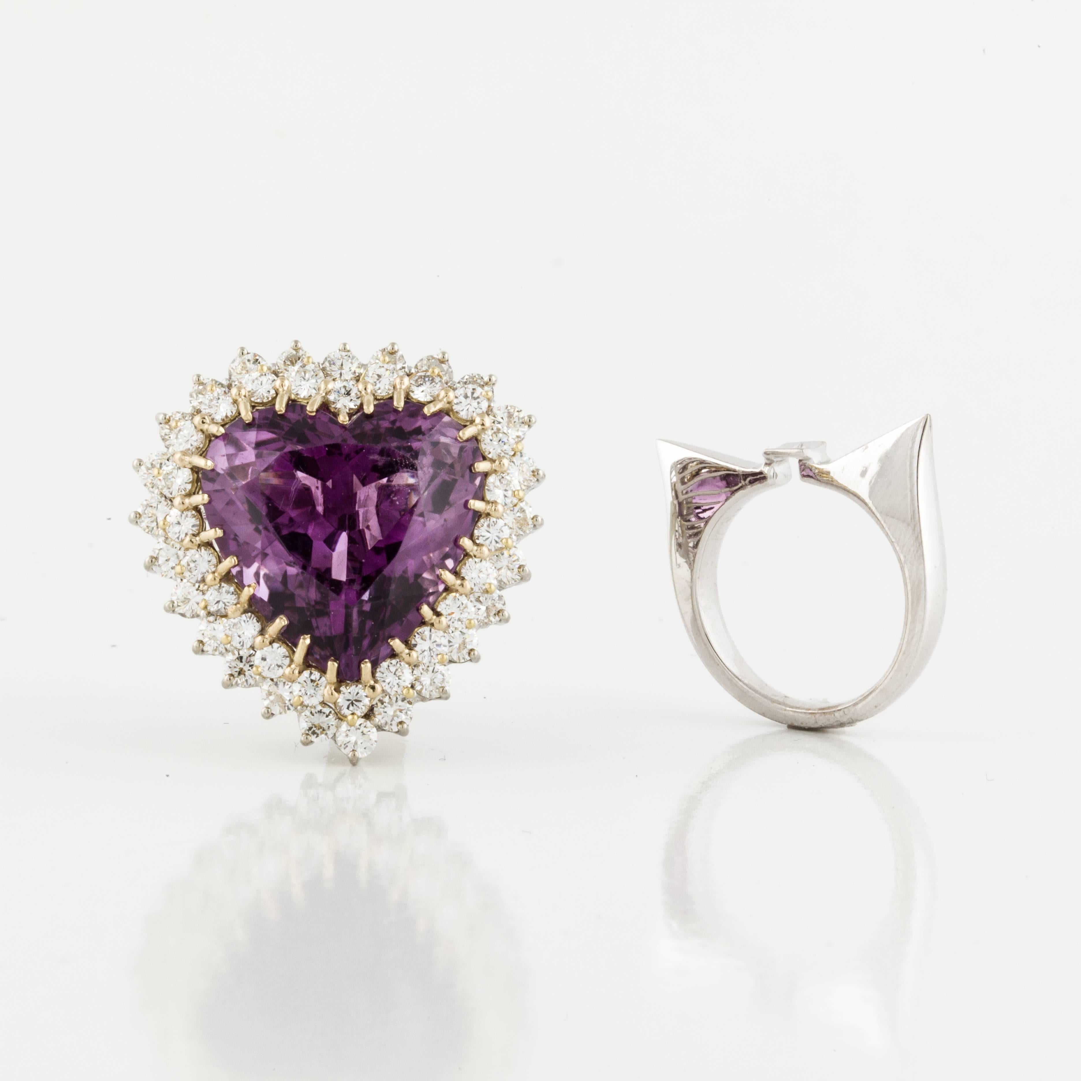 Mixed Cut 27 Carat Heart-Shaped Amethyst and Diamond Ring/Pendant in 18K Gold