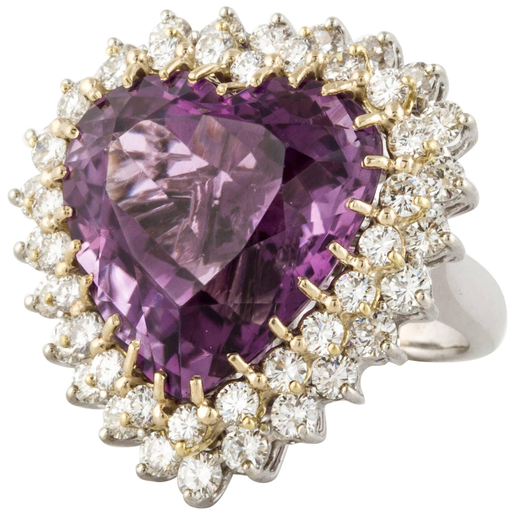 27 Carat Heart-Shaped Amethyst and Diamond Ring/Pendant in 18K Gold