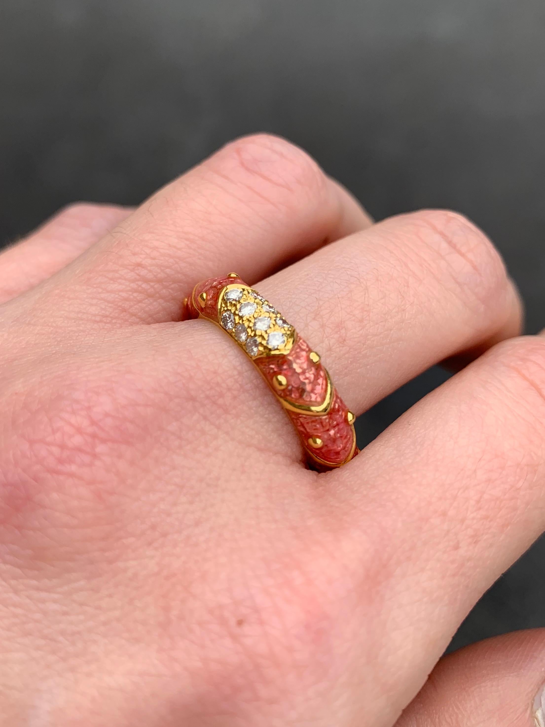 Contemporary 18 Karat Hidalgo Pink Enamel and Diamond Band Ring For Sale
