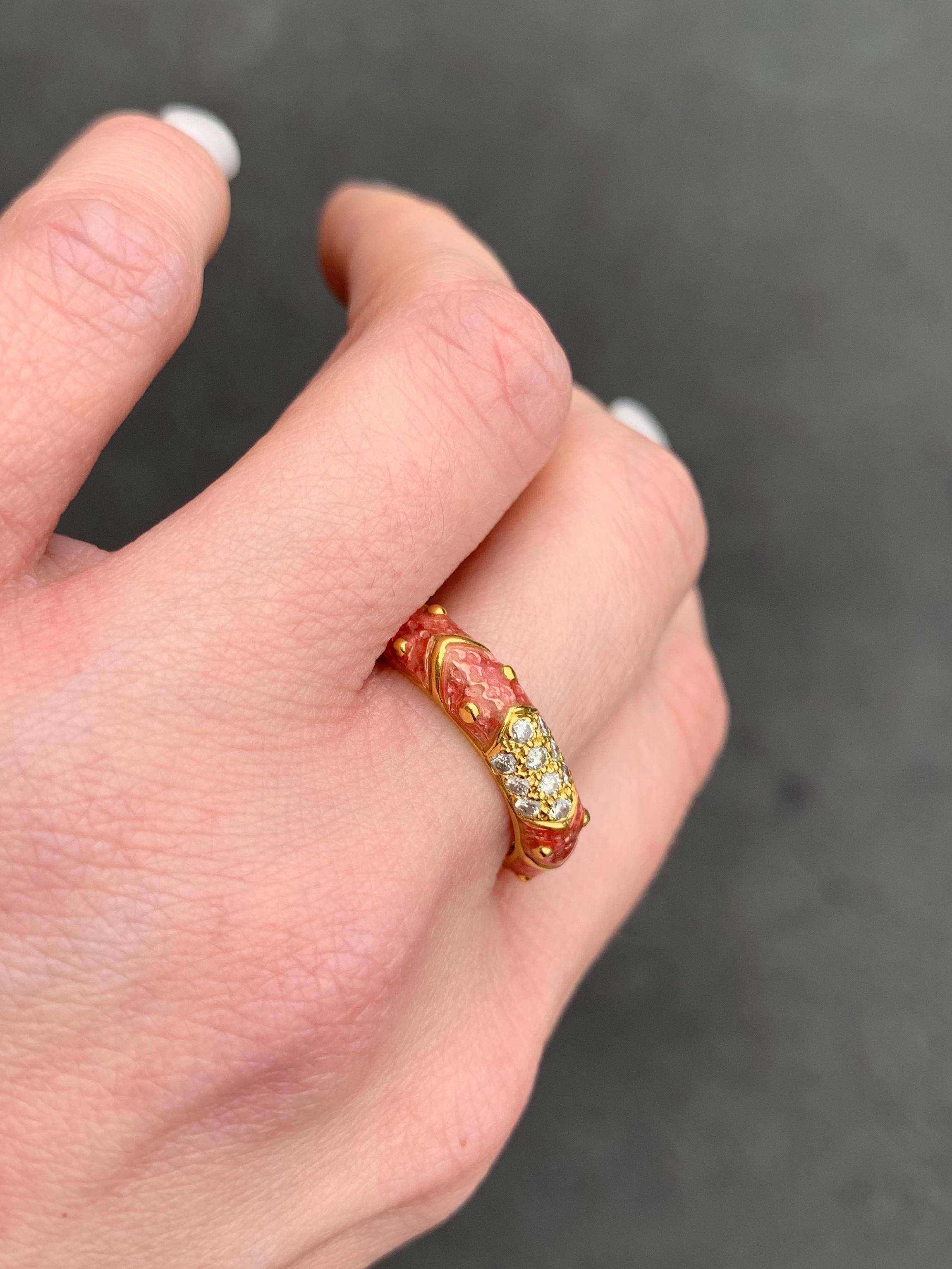 Round Cut 18 Karat Hidalgo Pink Enamel and Diamond Band Ring For Sale