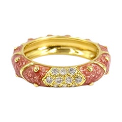 Vintage 18 Karat Hidalgo Pink Enamel and Diamond Band Ring