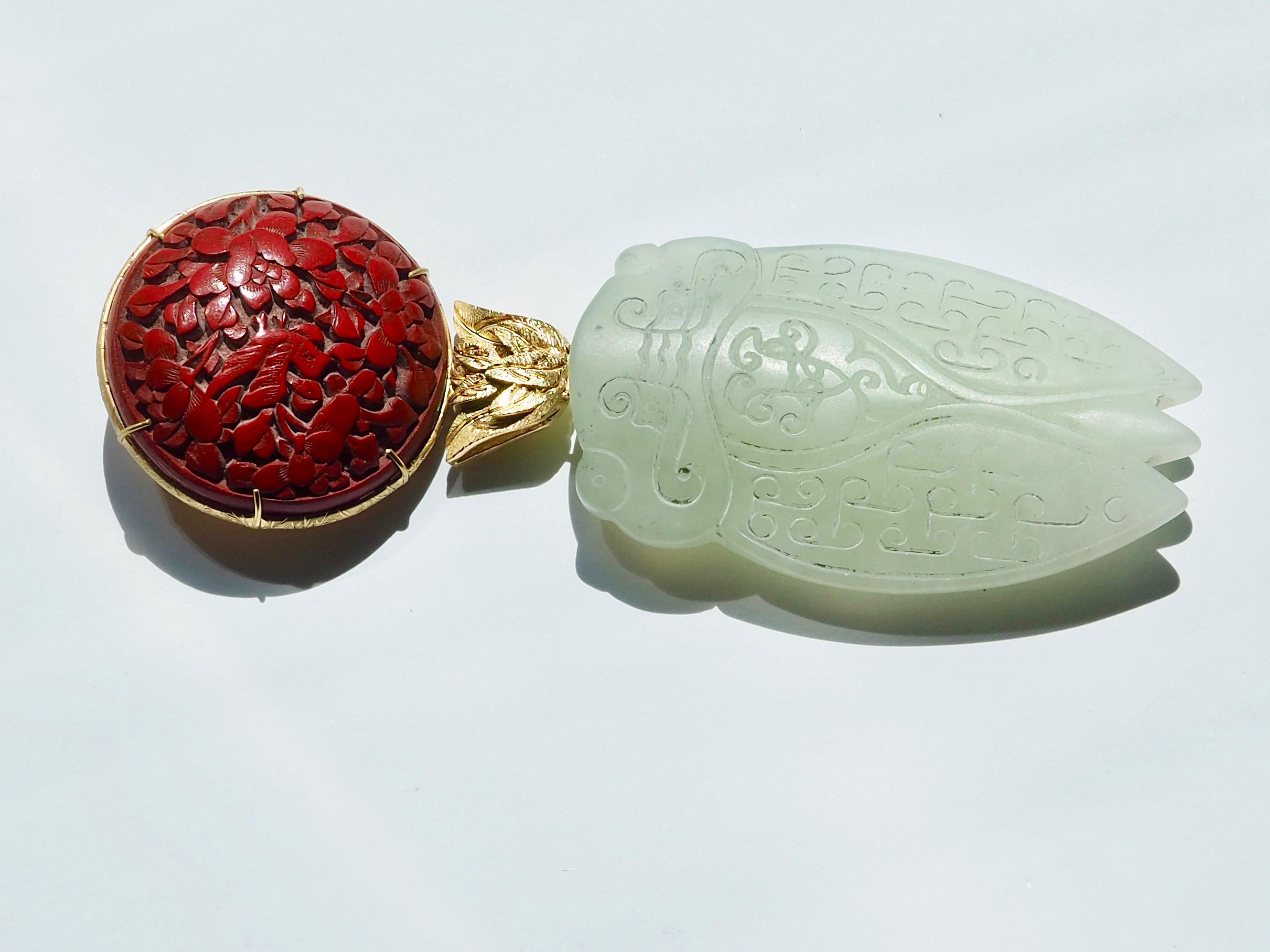 Pendentif cigale impérial en or 18 carats et jade finement sculpté en laque en vente 3