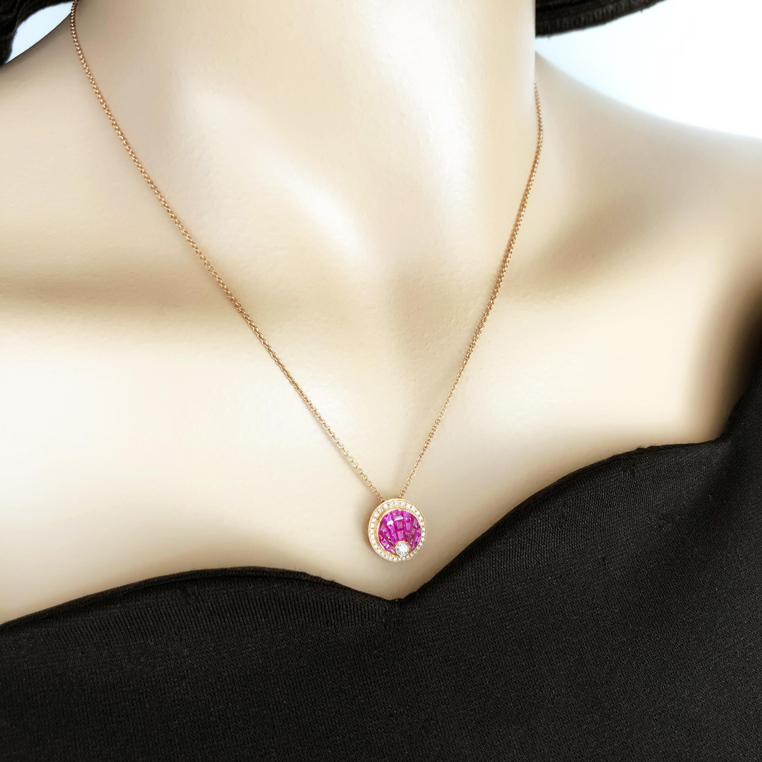 18 Karat Invisible Setting Ruby and Diamonds Pendant Necklace  In New Condition In Birmingham, GB