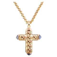 18 Karat Italian Chain Yellow Gold Gemstone Cross Pin/Pendant