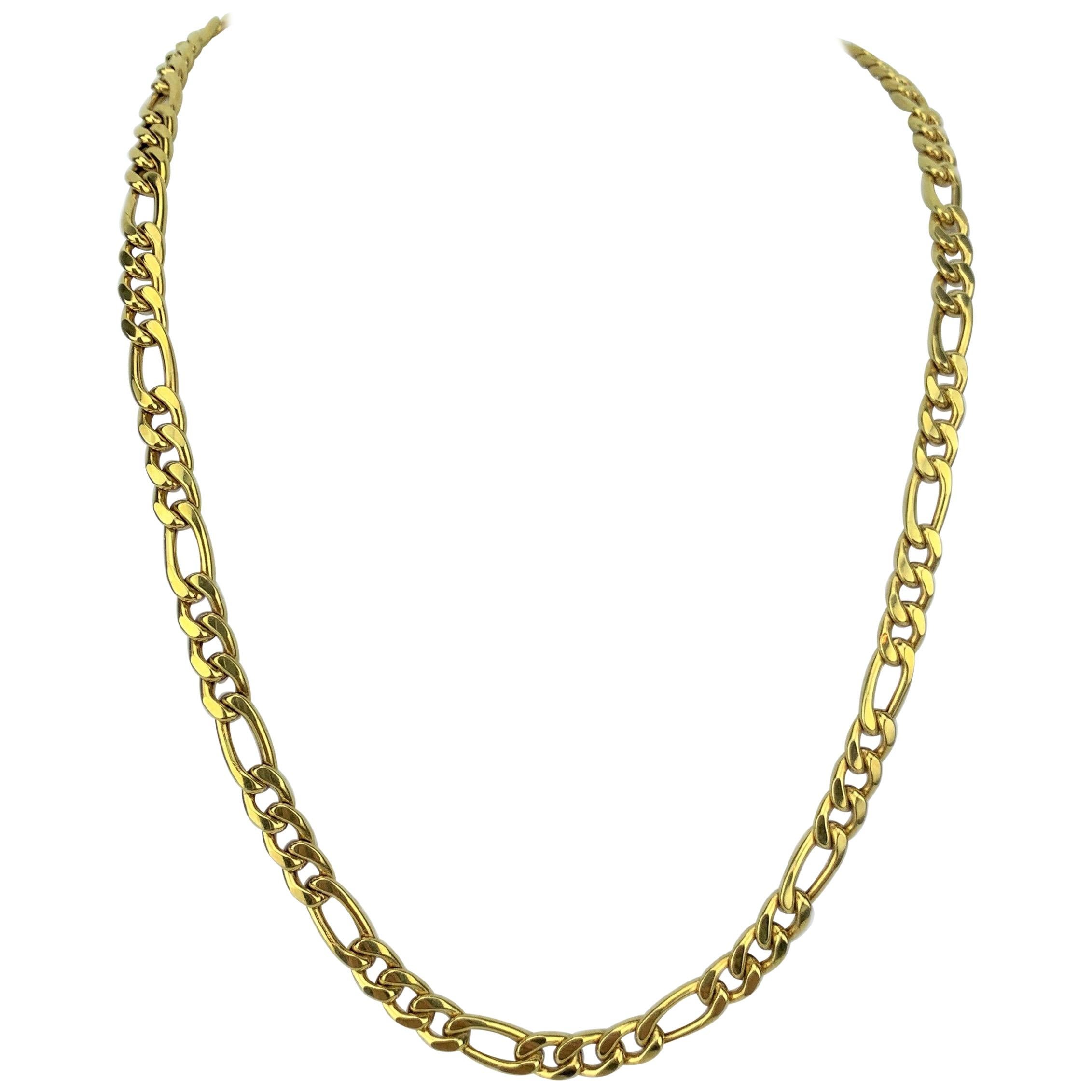 18 Karat Italian Yellow Gold Heavy Hollow Figaro Link Chain Necklace