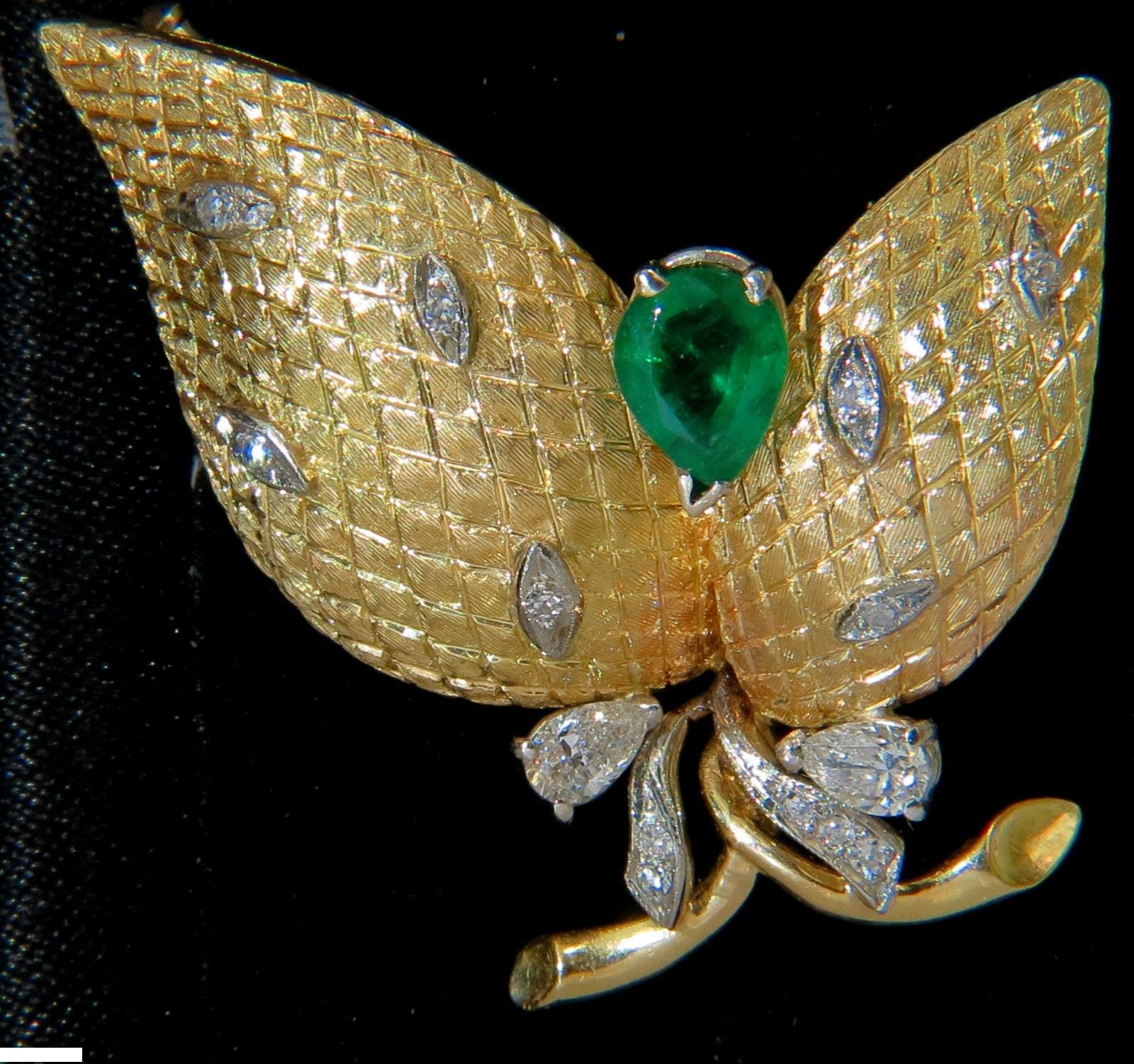 18 Karat Italy Estate 2.00 Carat Fine Green Emerald Diamonds Deco Fern Brooch In Excellent Condition In New York, NY
