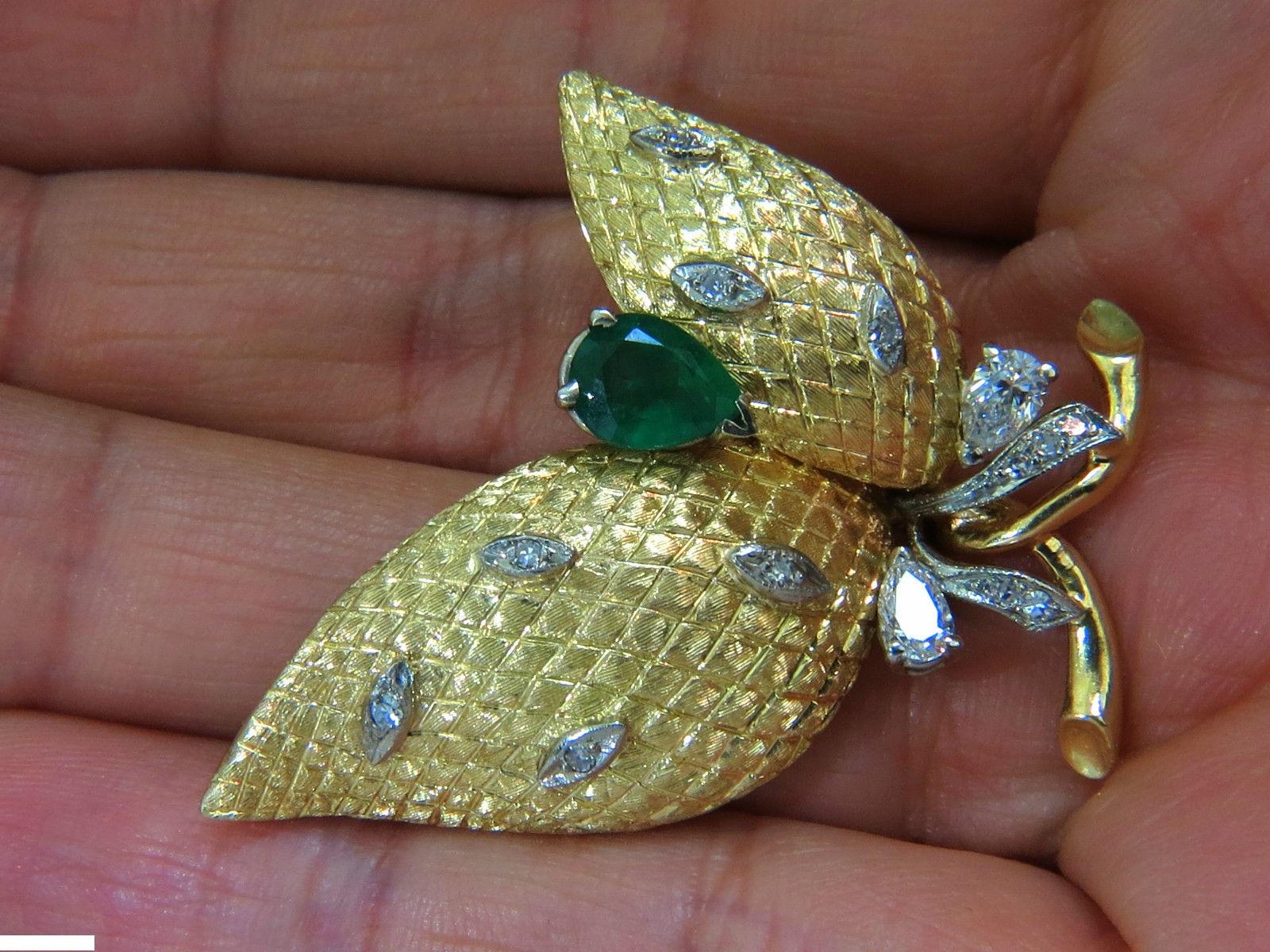 18 Karat Italy Estate 2.00 Carat Fine Green Emerald Diamonds Deco Fern Brooch 3