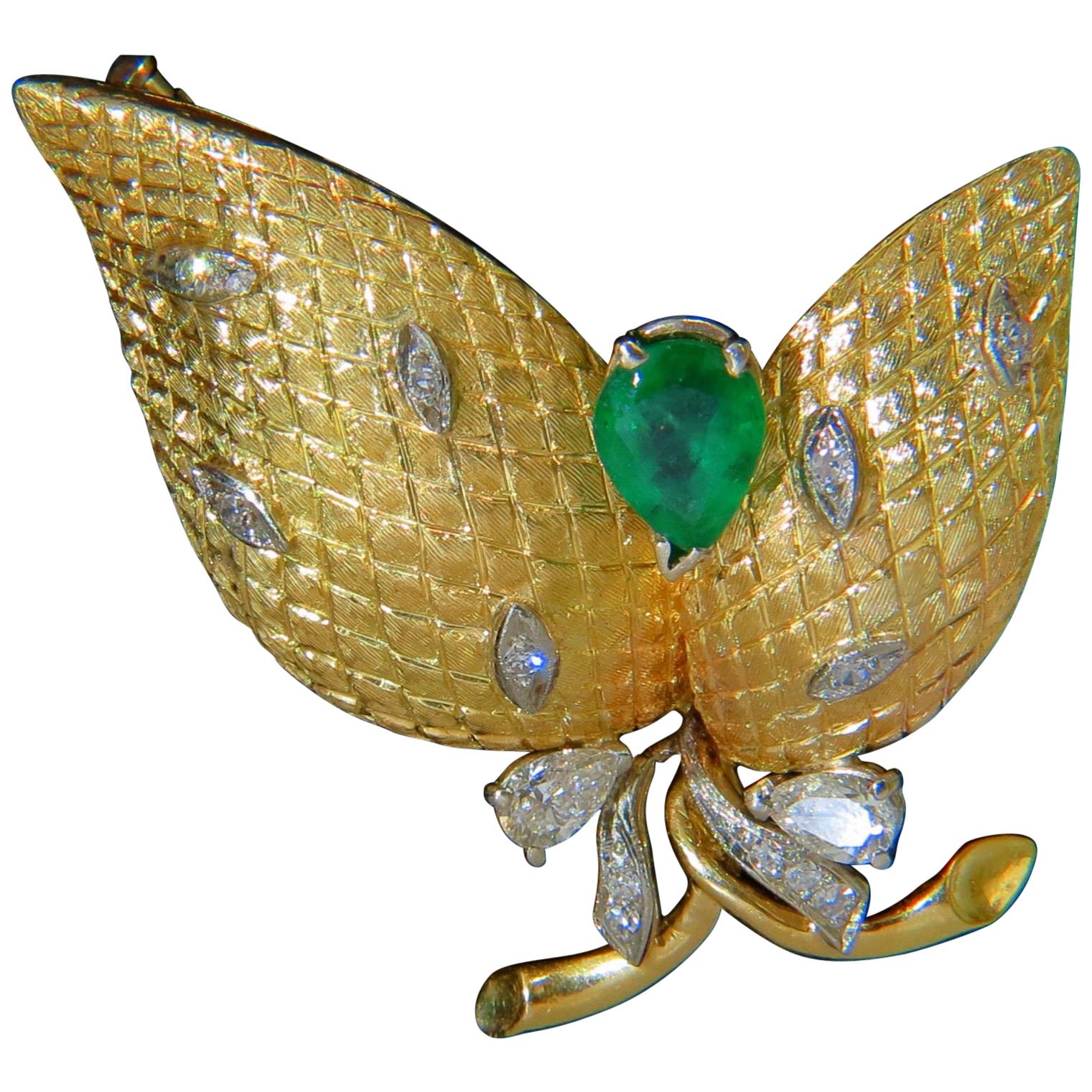 18 Karat Italy Estate 2.00 Carat Fine Green Emerald Diamonds Deco Fern Brooch