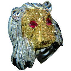 Bague lionne unisexe en or 18 carats avec rubis et gros diamants de 3,40 carats, Italie