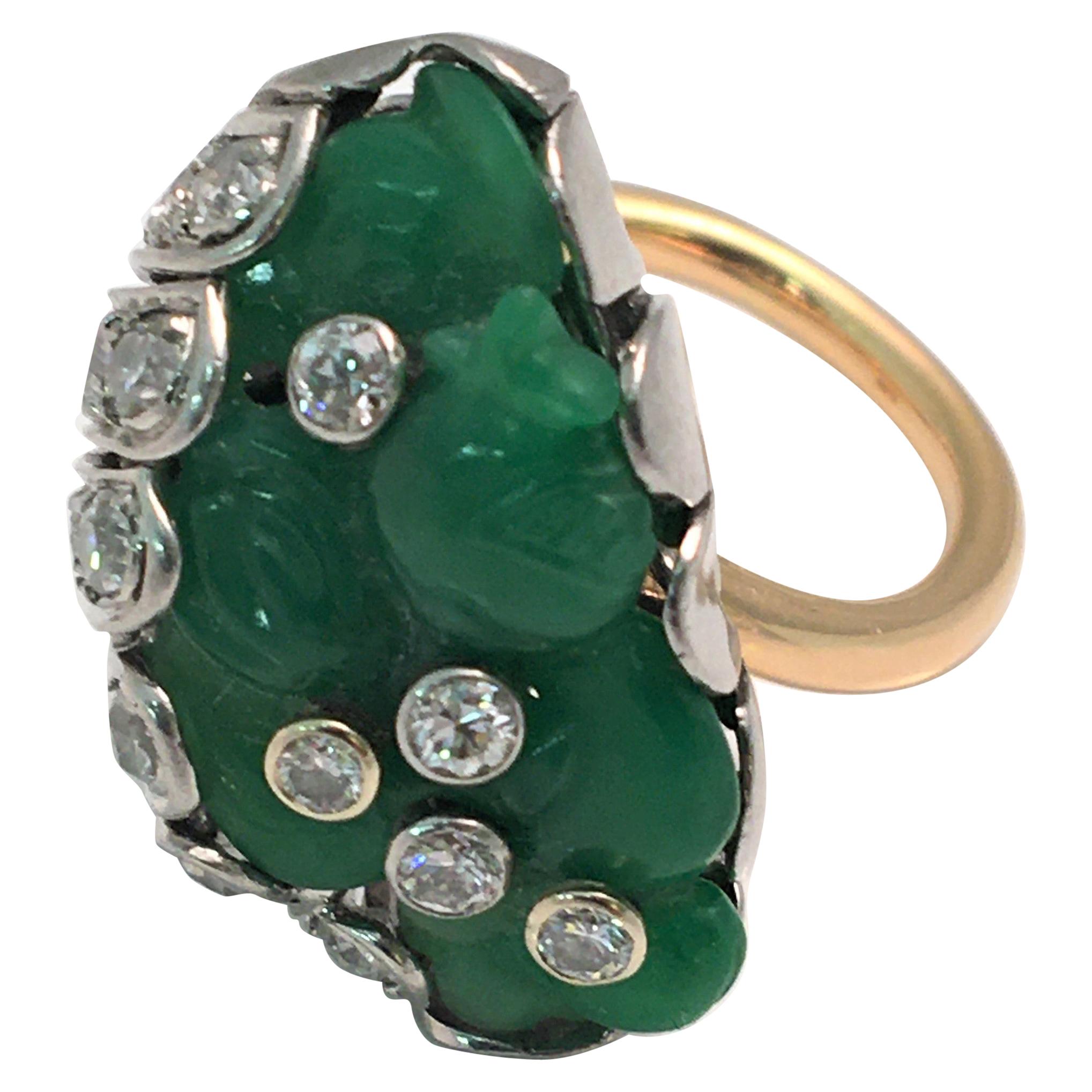 18 Karat Jade Diamond Statement Ring For Sale