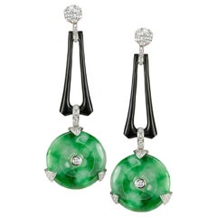 18 Karat Jade, Onyx and Diamond Earrings