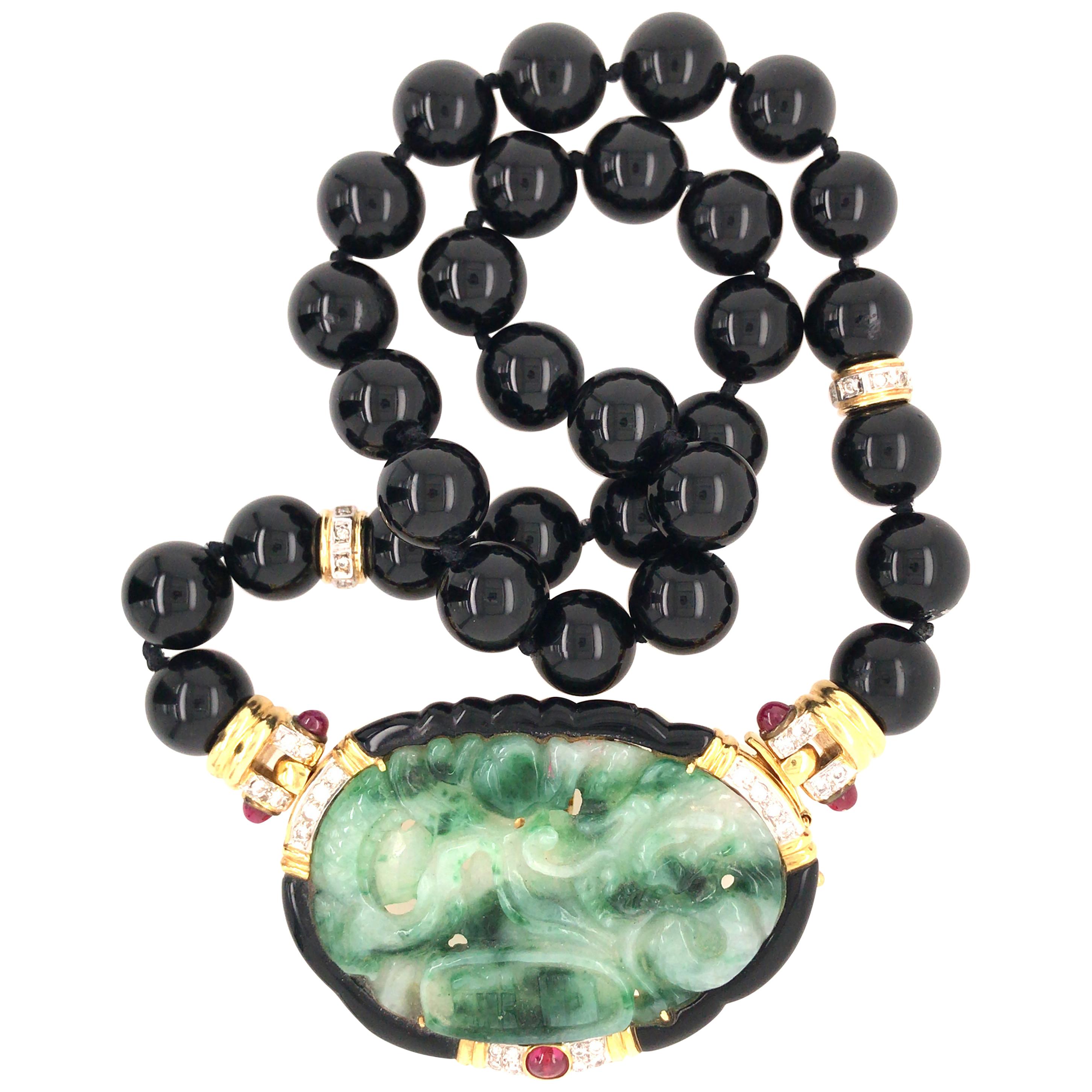 18 Karat Jade, Ruby, Onyx and Diamond Pin/Enhancer/Necklace Yellow Gold For Sale
