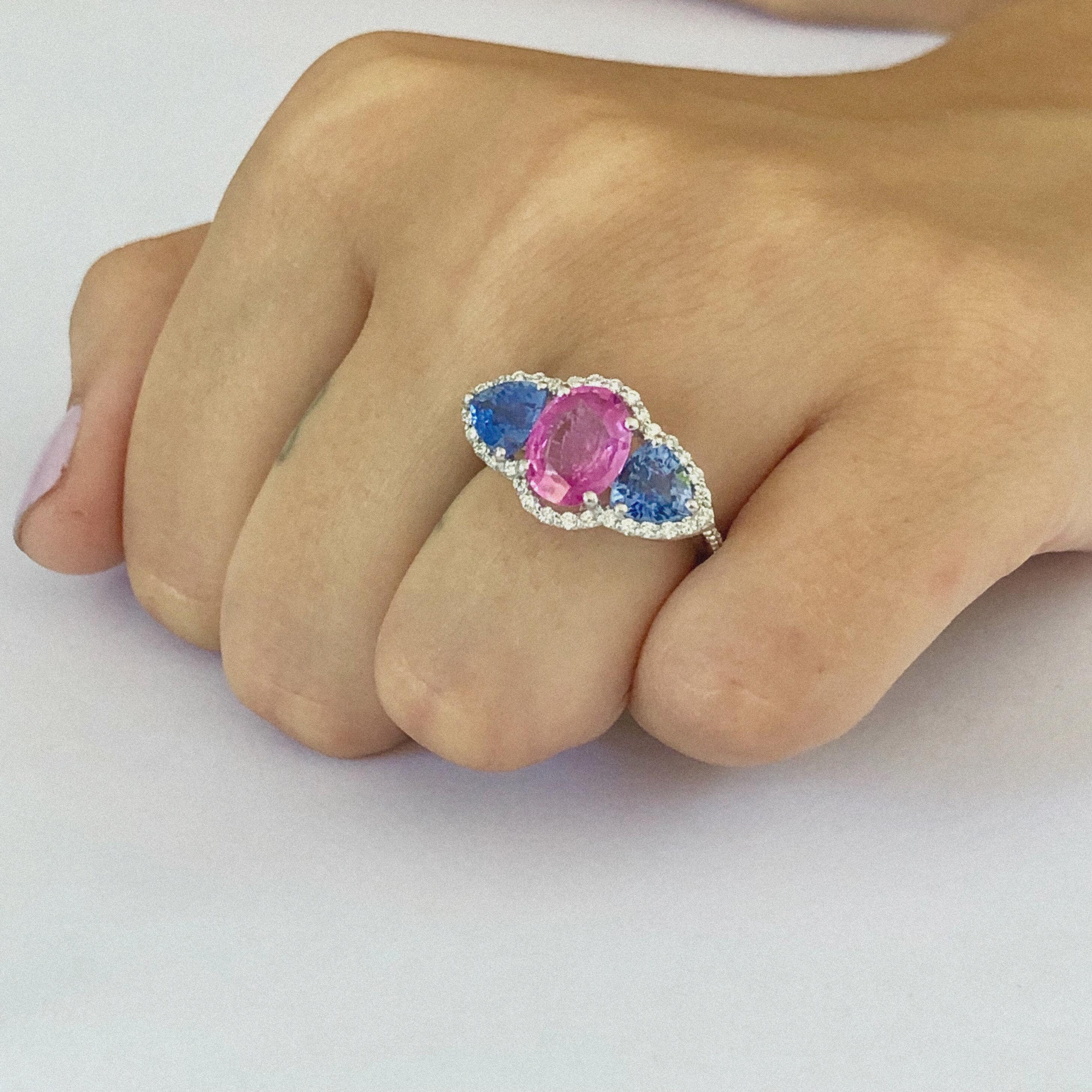 Contemporary Ceylon Pink Cushion and Trillion Blue Sapphires Diamond Cocktail Cluster Ring