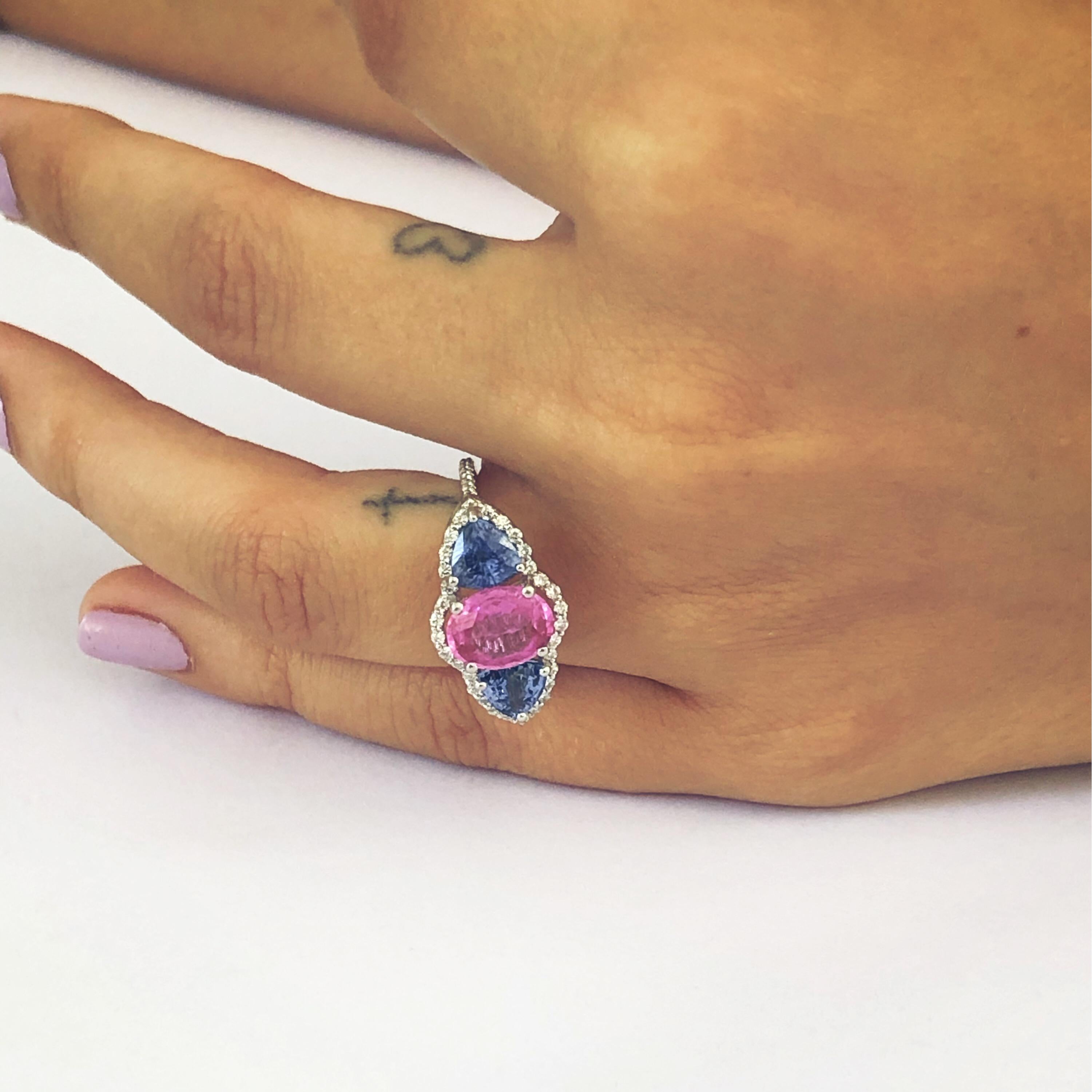 Ceylon Pink Cushion and Trillion Blue Sapphires Diamond Cocktail Cluster Ring In New Condition In New York, NY