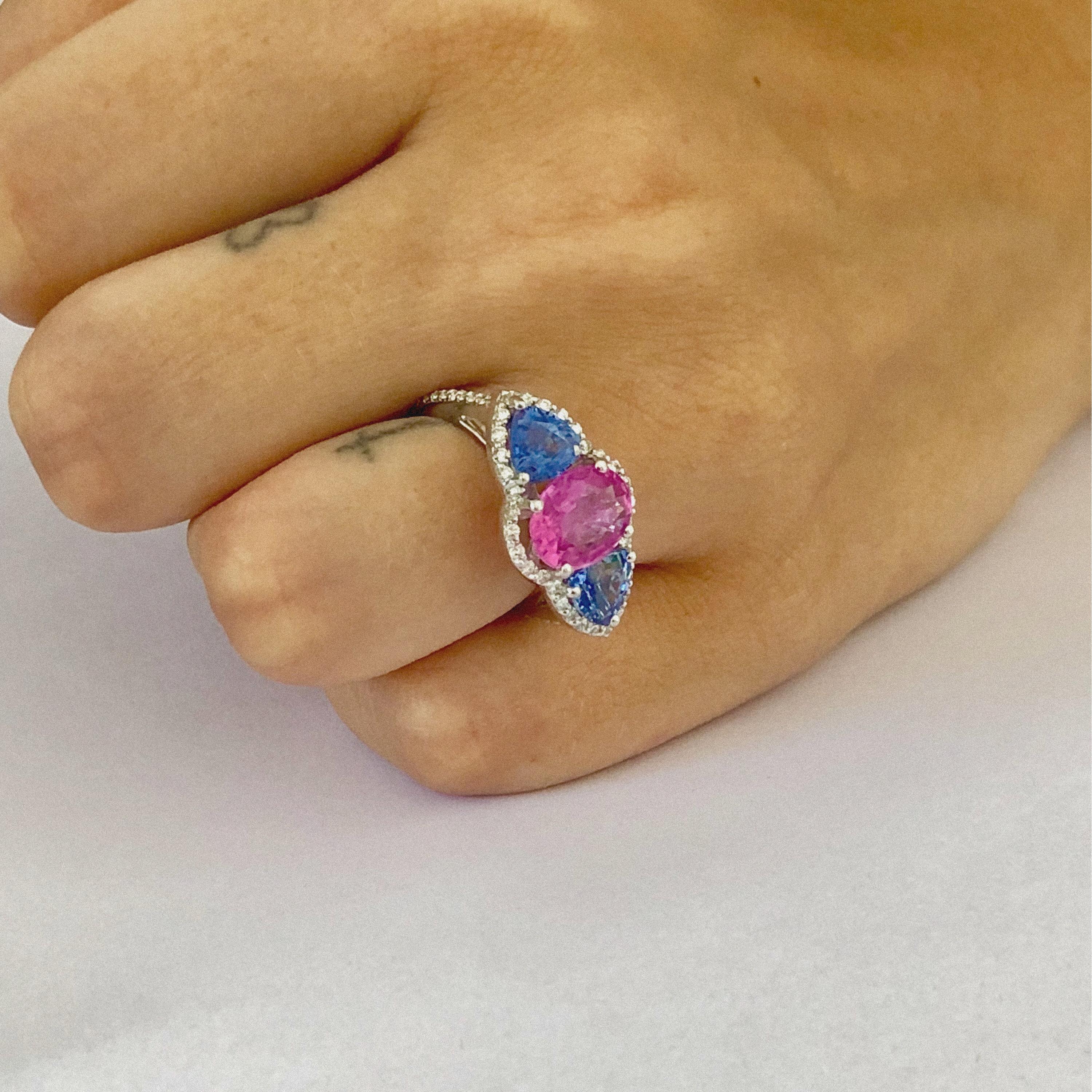 Ceylon Pink Cushion and Trillion Blue Sapphires Diamond Cocktail Cluster Ring 1