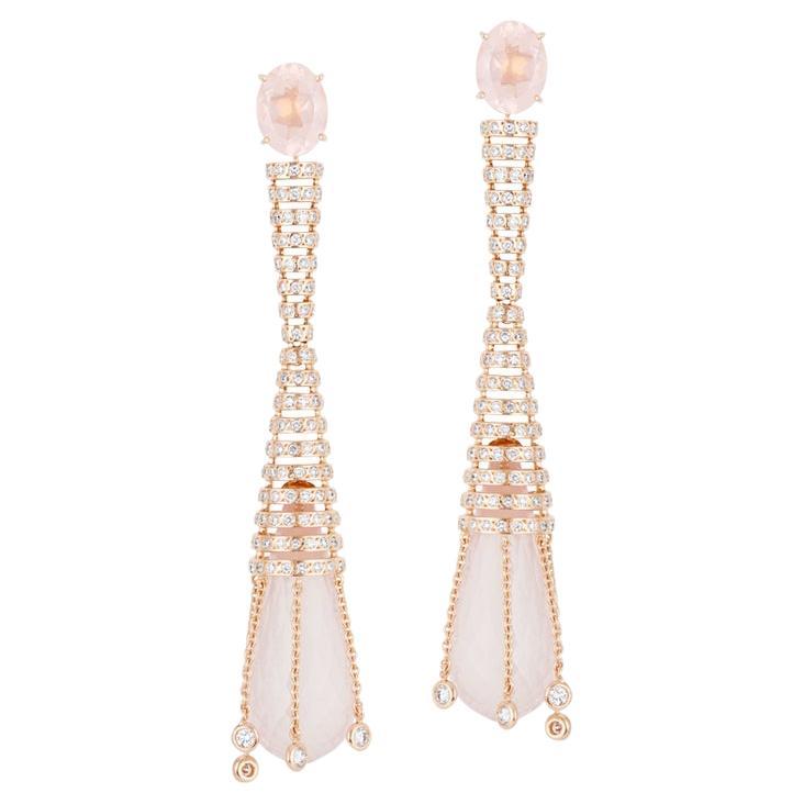 18 Karat Labyrinth Pink Gold Earring With Vs-Gh Diamonds And Rose Quartz For Sale