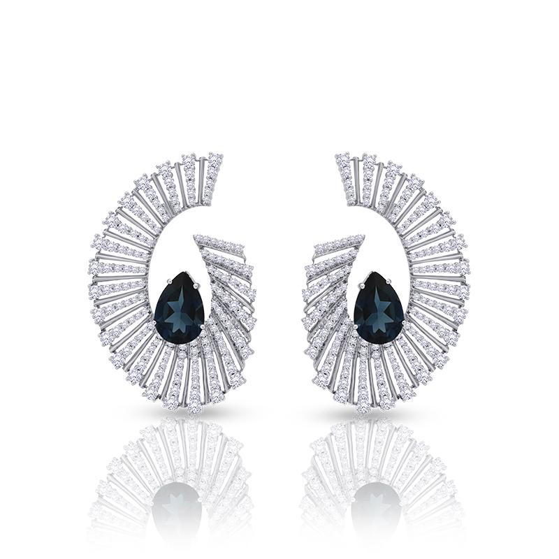 Contemporary 18 Karat Labyrinth White Gold Earring With Vs-Gh Diamonds And Blue Topaz For Sale