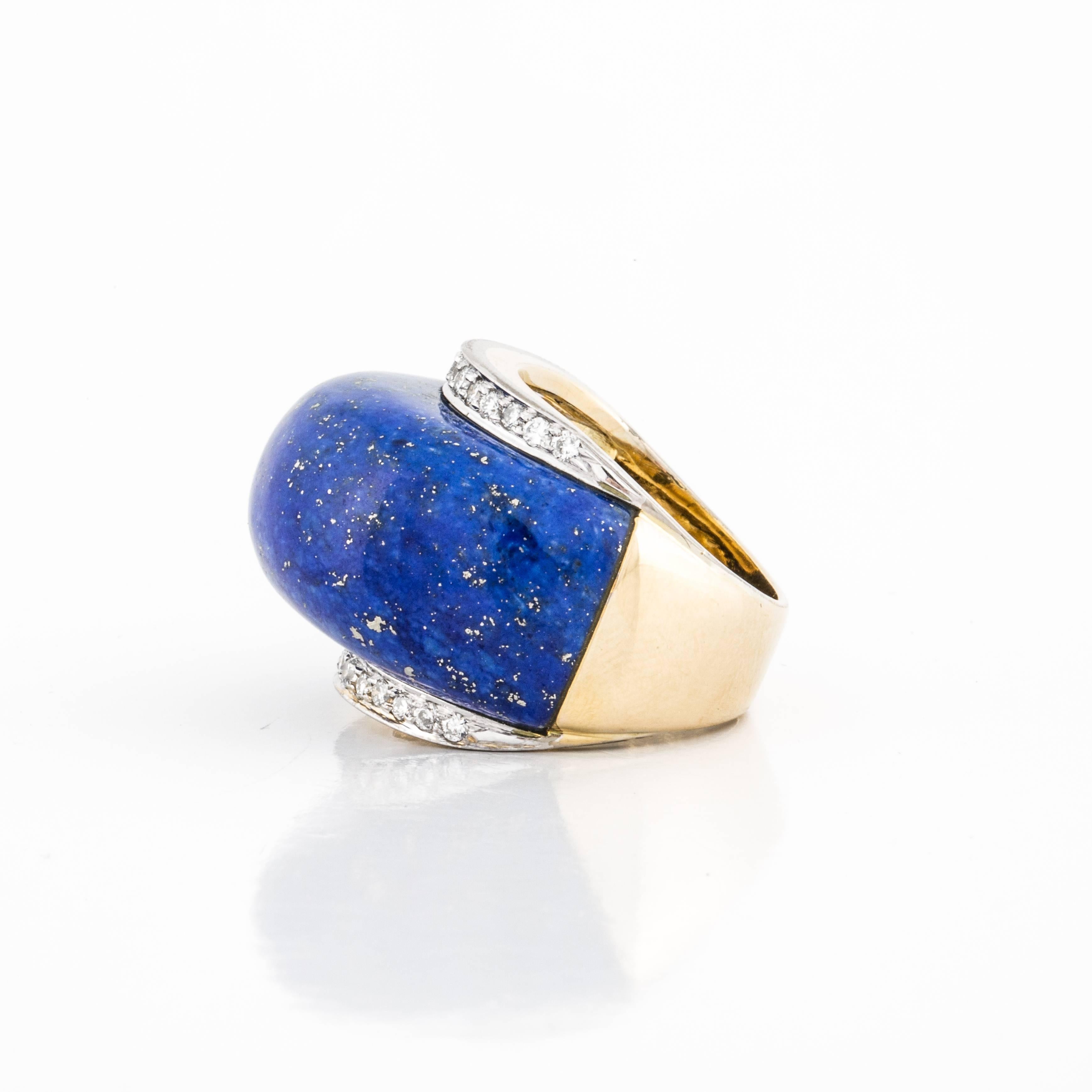 Mixed Cut Lapis Diamond Dome Ring in 18K Gold For Sale