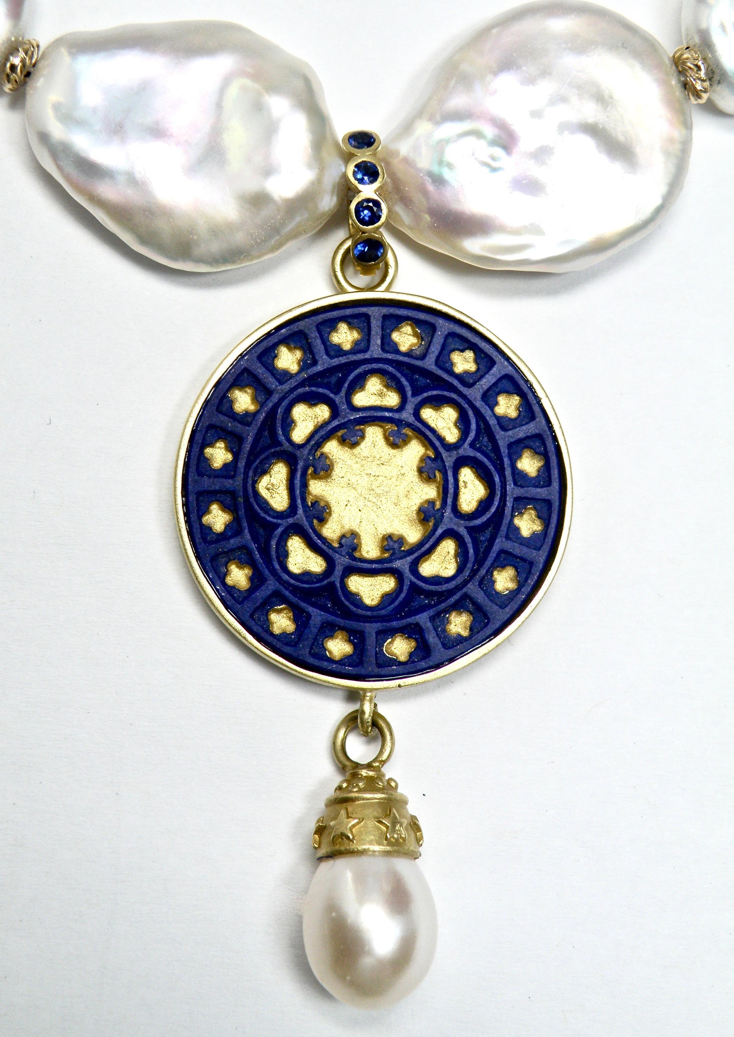 18 Karat Carved Stained Glass Window Designed Pendant in Carved Lapis Lazuli Inlay with South Sea Pearl Drop