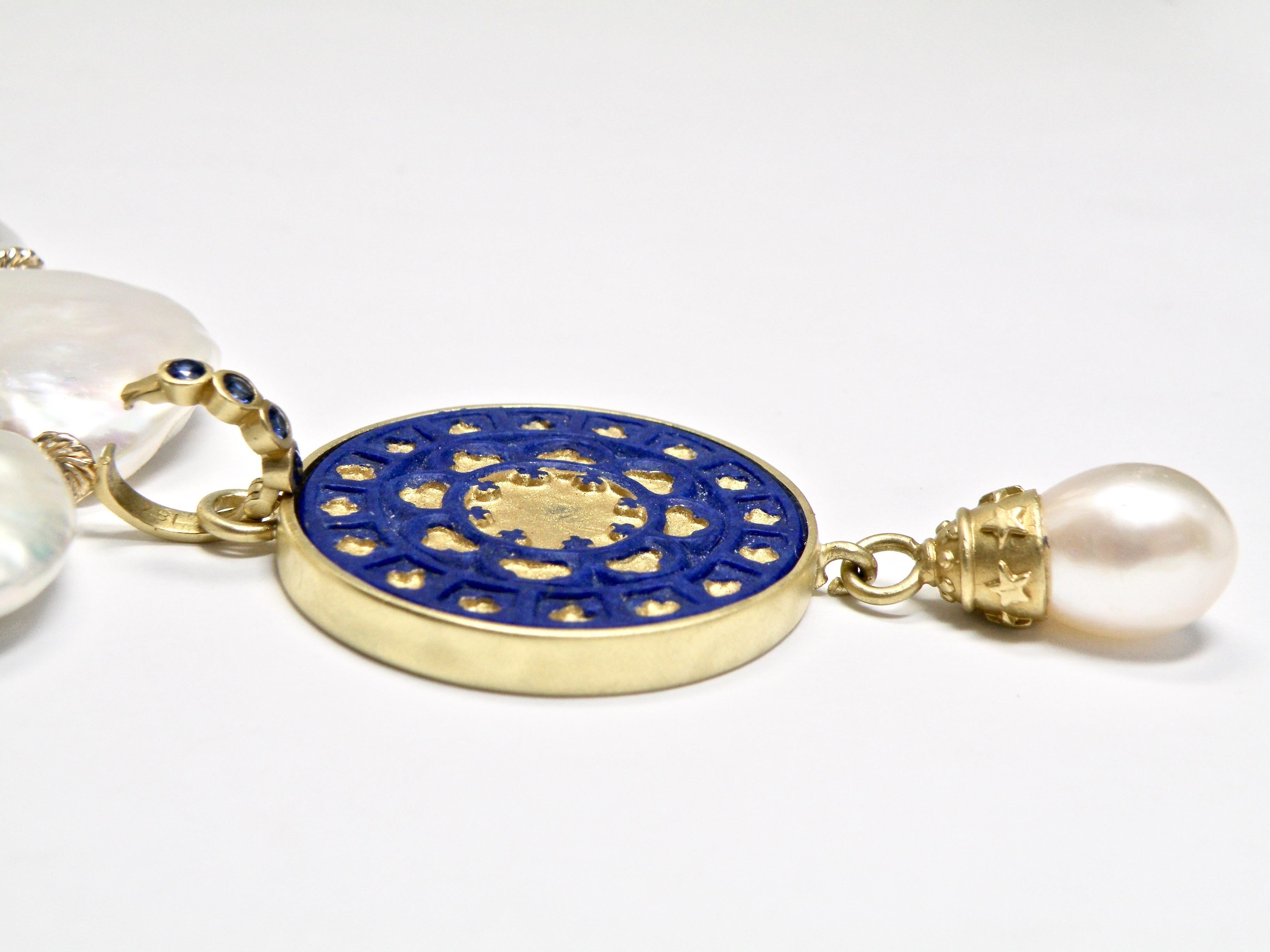 Modern 18 Karat Lapis Lazuli Carved Pendant with South Sea Pearl Drop For Sale