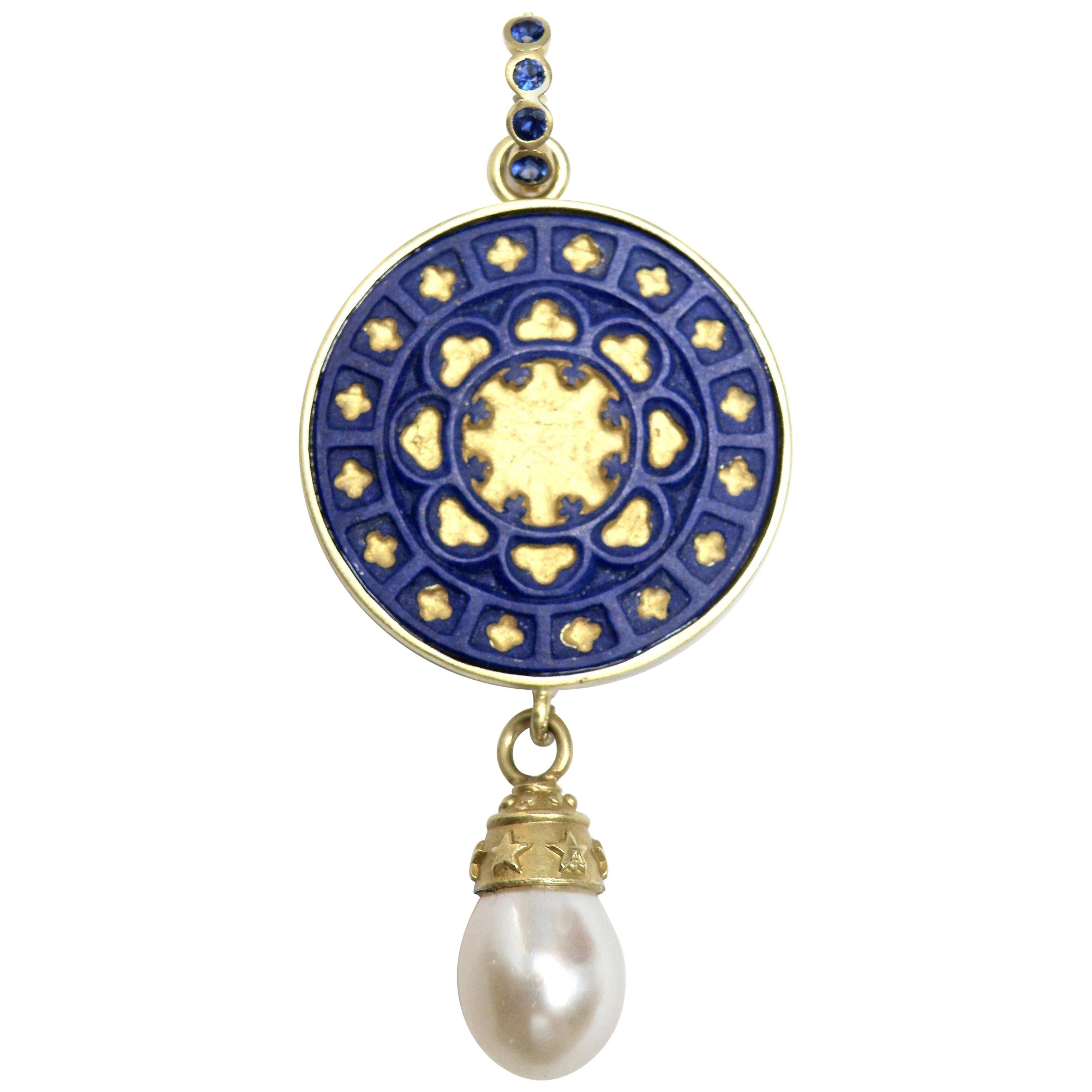 18 Karat Lapis Lazuli Carved Pendant with South Sea Pearl Drop For Sale