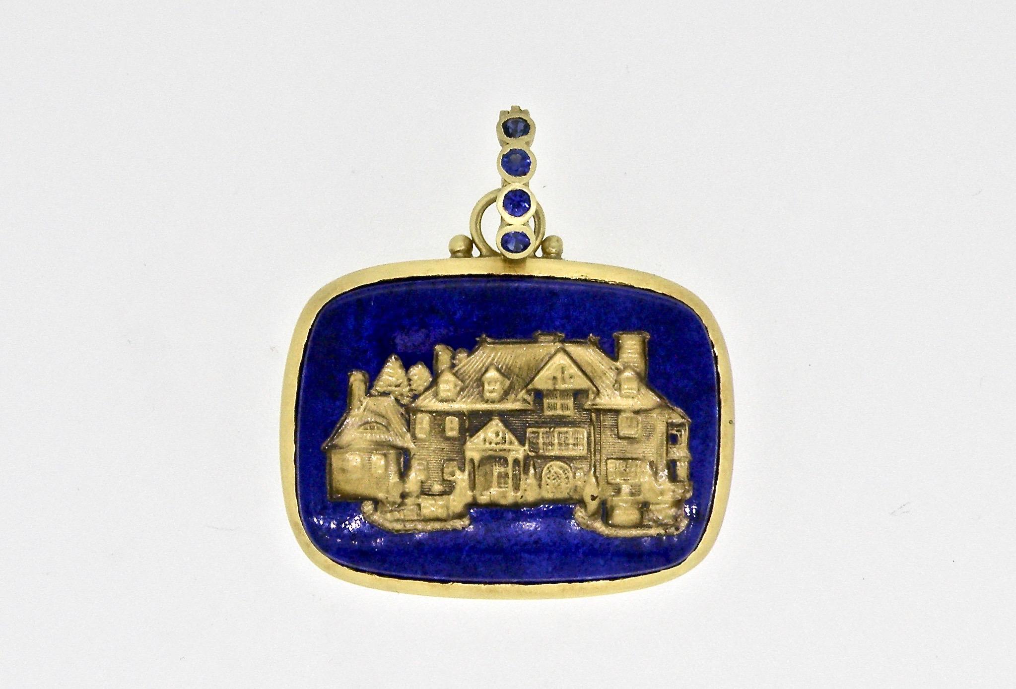 One of a kind 18K Lapis Lazuli pendant 25mm x 15 mm.
18K 3 strand enamel custom chain inlaid with gold colored 