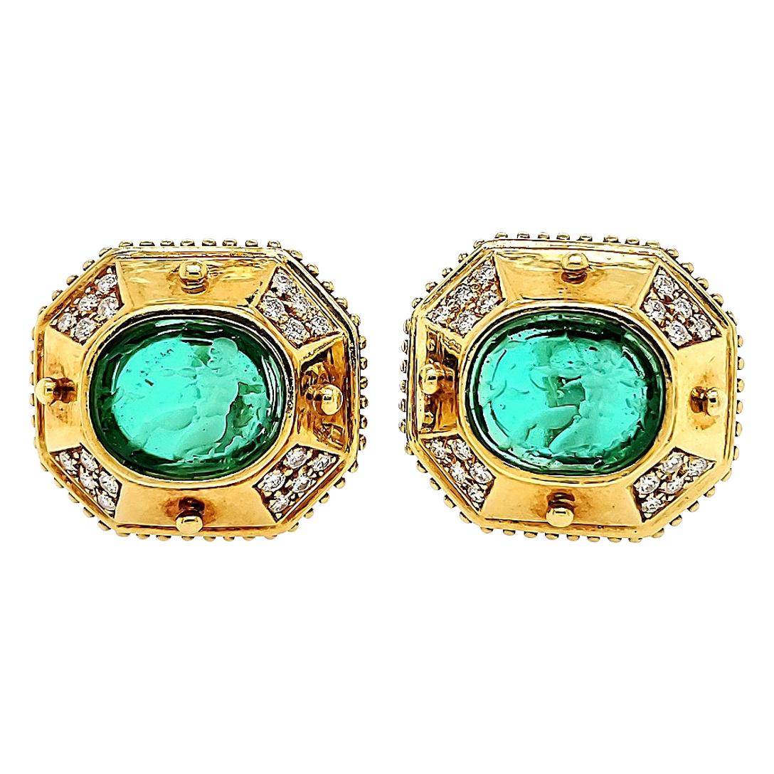 Doris Panos 18 Karat Large Diamond Earrings Green Stone Yellow Gold Clip-On For Sale