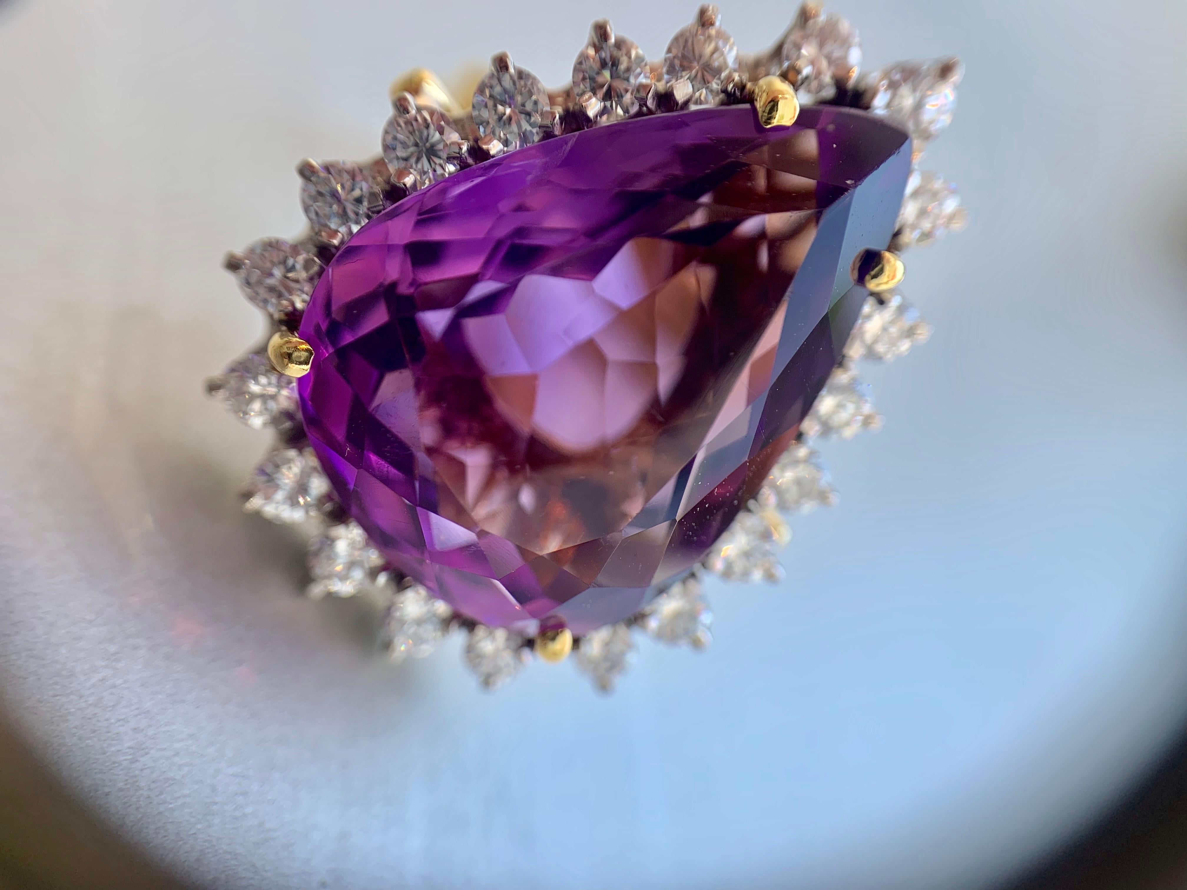 18 Karat Large Pear Shape Amethyst and Diamond Cocktail Ring For Sale 4