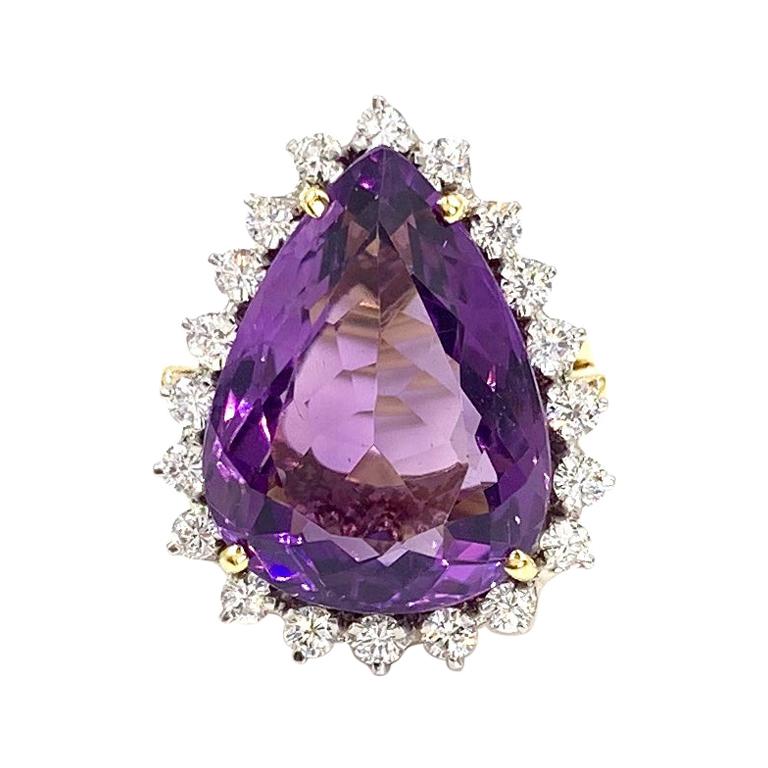18 Karat Large Pear Shape Amethyst and Diamond Cocktail Ring For Sale