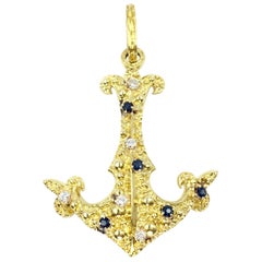 18 Karat Large Vintage Anchor Pendant with Diamonds and Sapphires