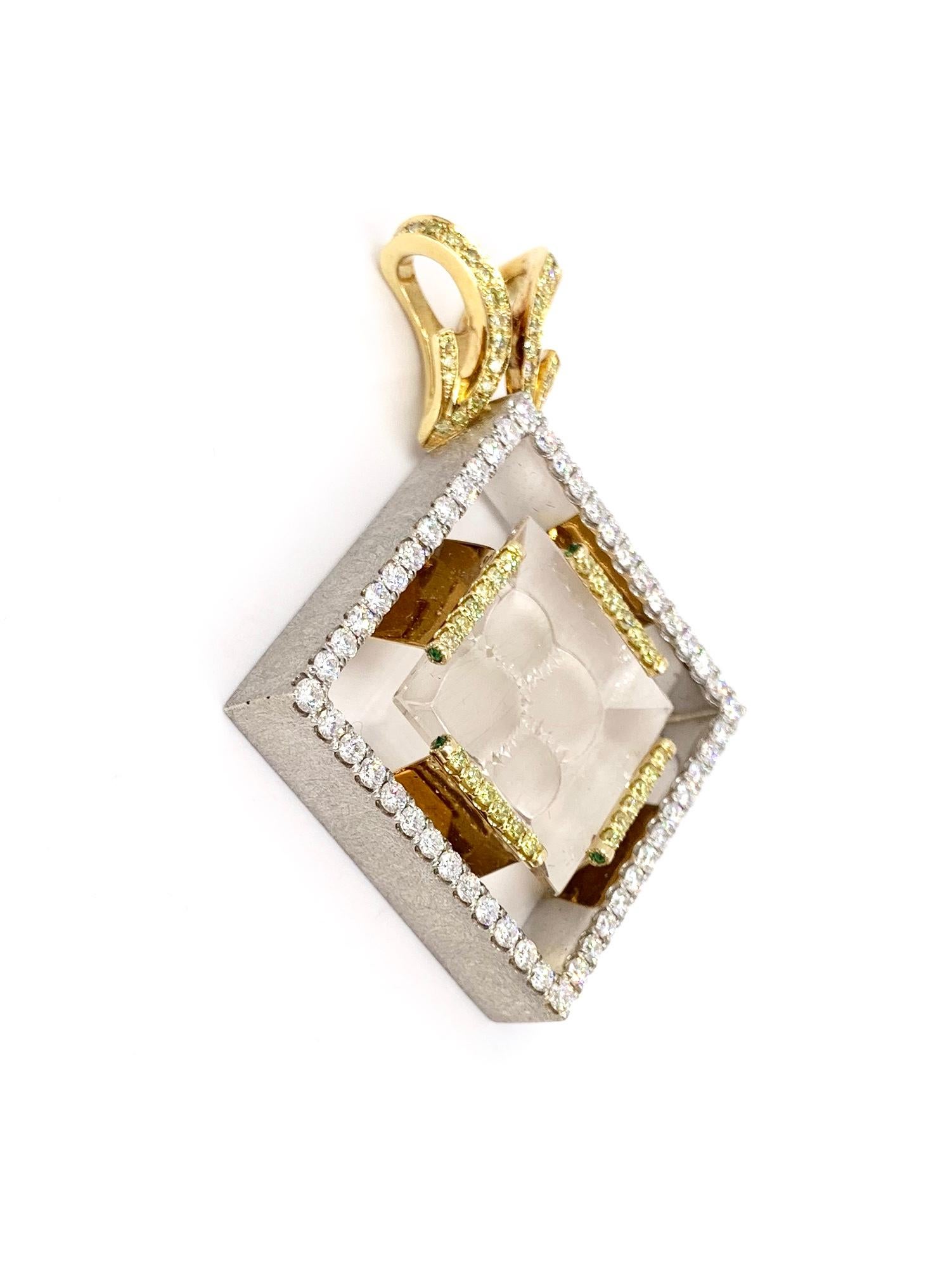 Modern 18 Karat Large Yellow and White Diamond Rutilated Quartz Pendant For Sale